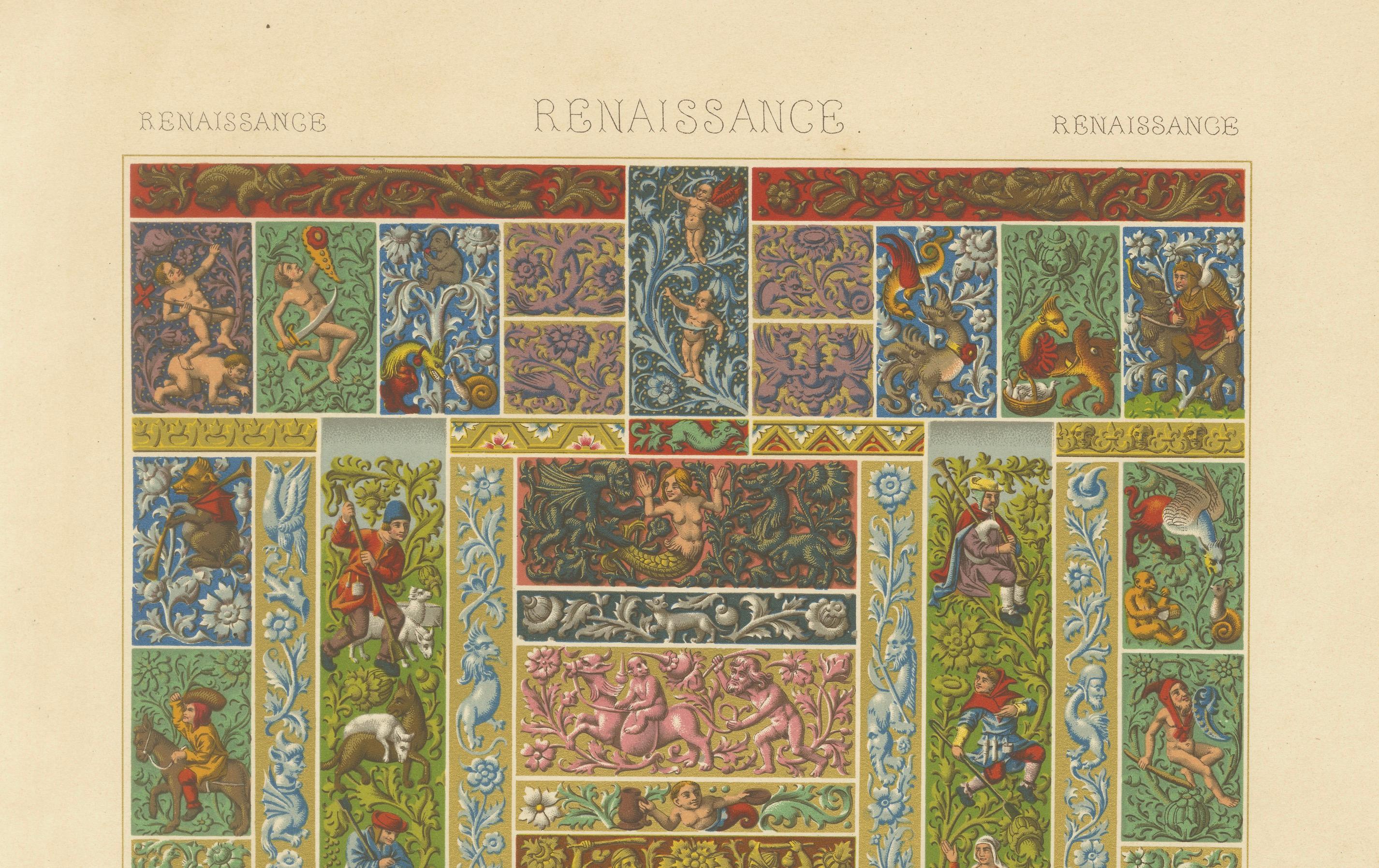 Frisos decorativos renacentistas - Grotescos, querubines y heráldica, Lámina LI, 1869 siglo XIX en venta