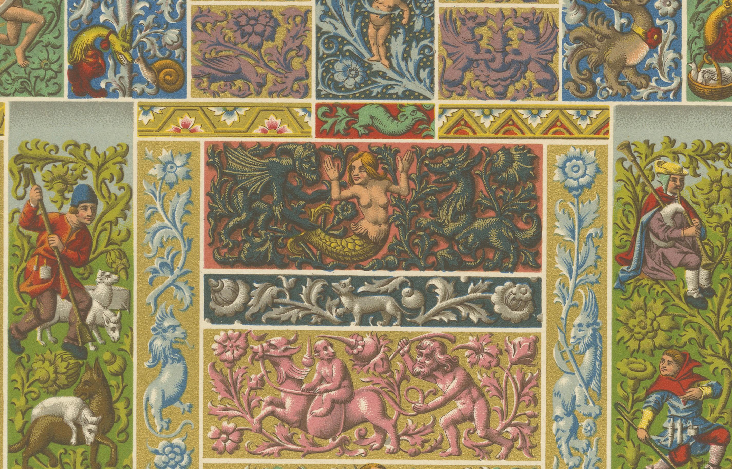 Frisos decorativos renacentistas - Grotescos, querubines y heráldica, Lámina LI, 1869 Papel en venta