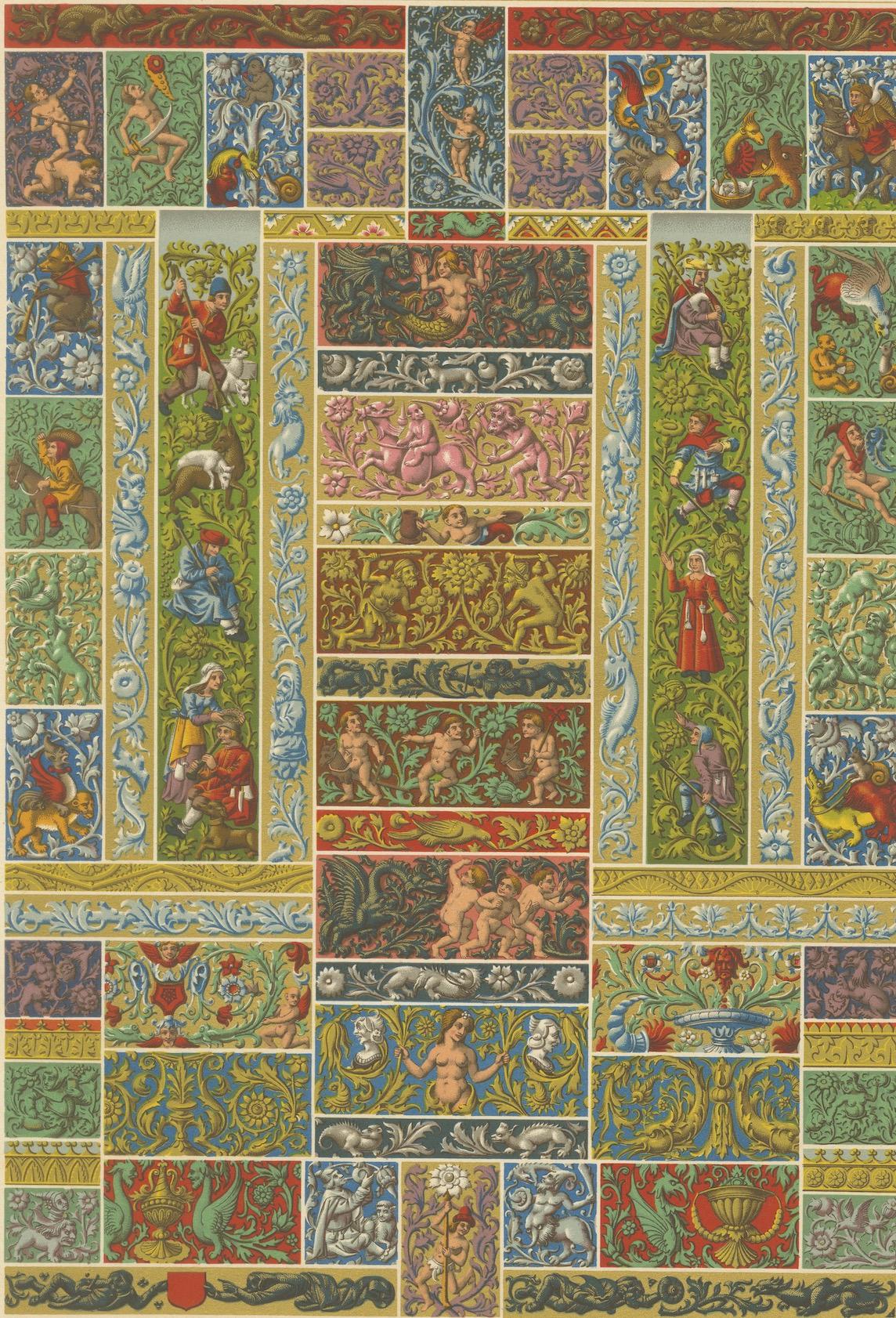 Frisos decorativos renacentistas - Grotescos, querubines y heráldica, Lámina LI, 1869 en venta 2