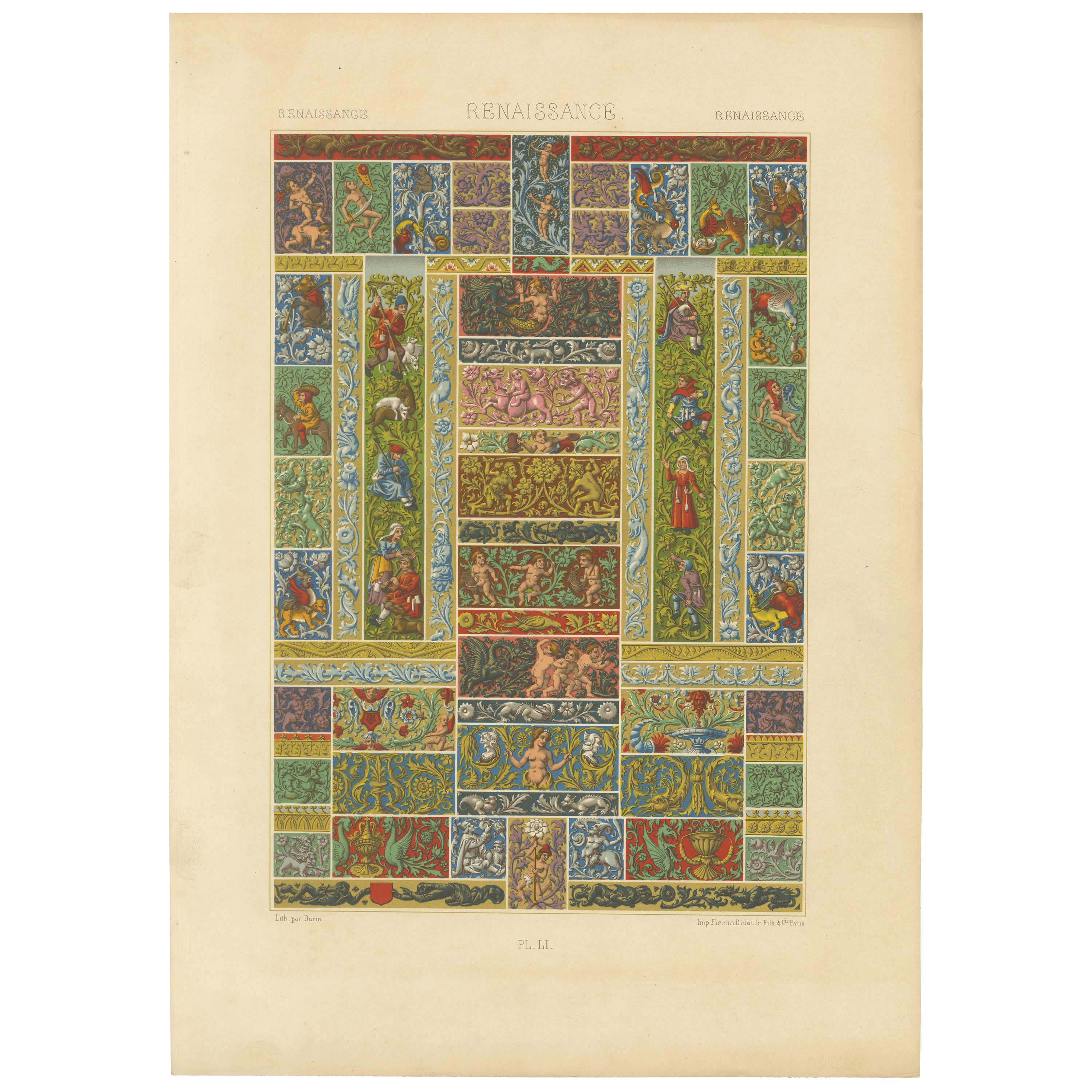 Frisos decorativos renacentistas - Grotescos, querubines y heráldica, Lámina LI, 1869