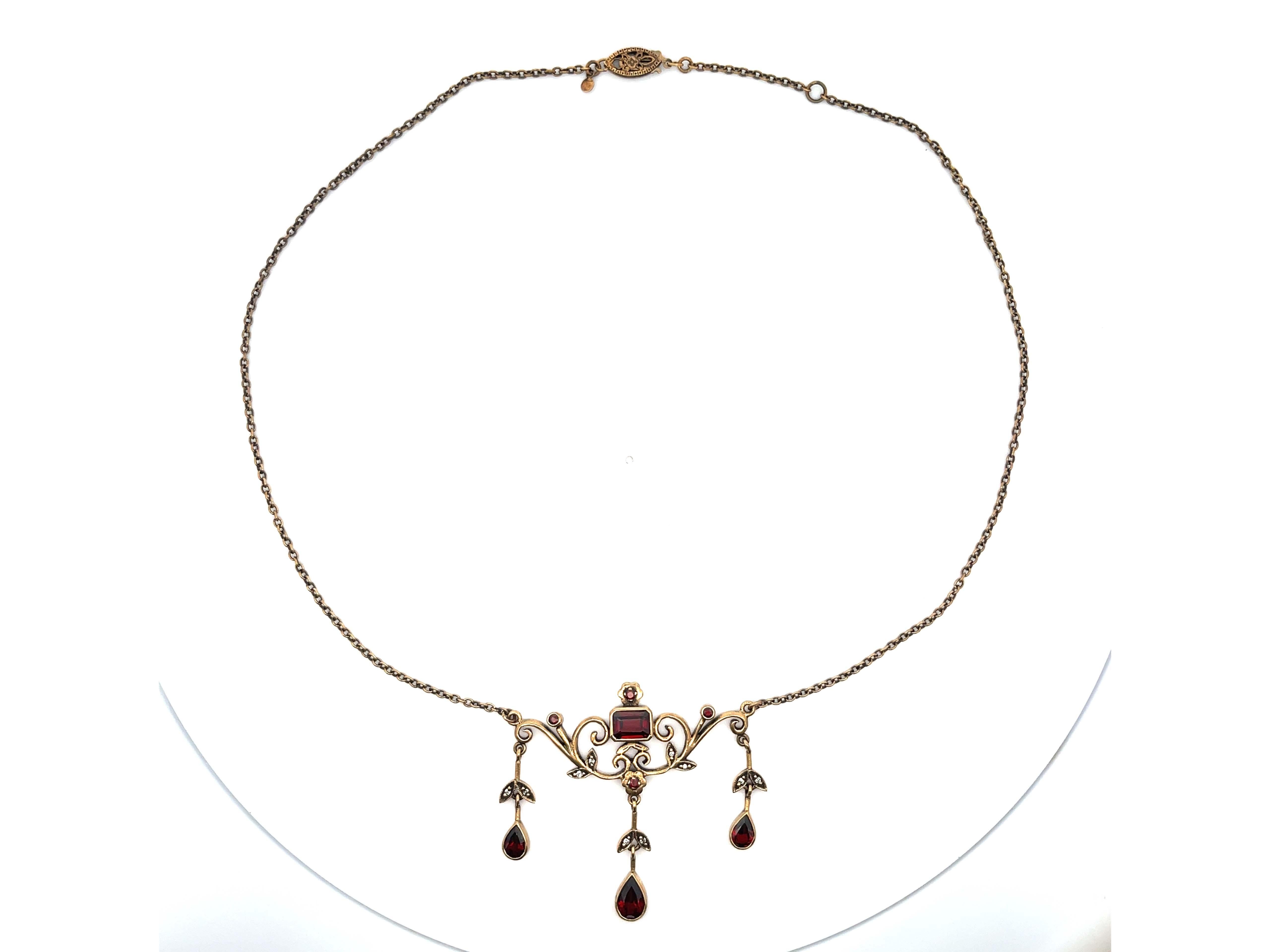 Modern Renaissance Diamond and Red Garnet Dangly Necklace 9k Rose Gold For Sale
