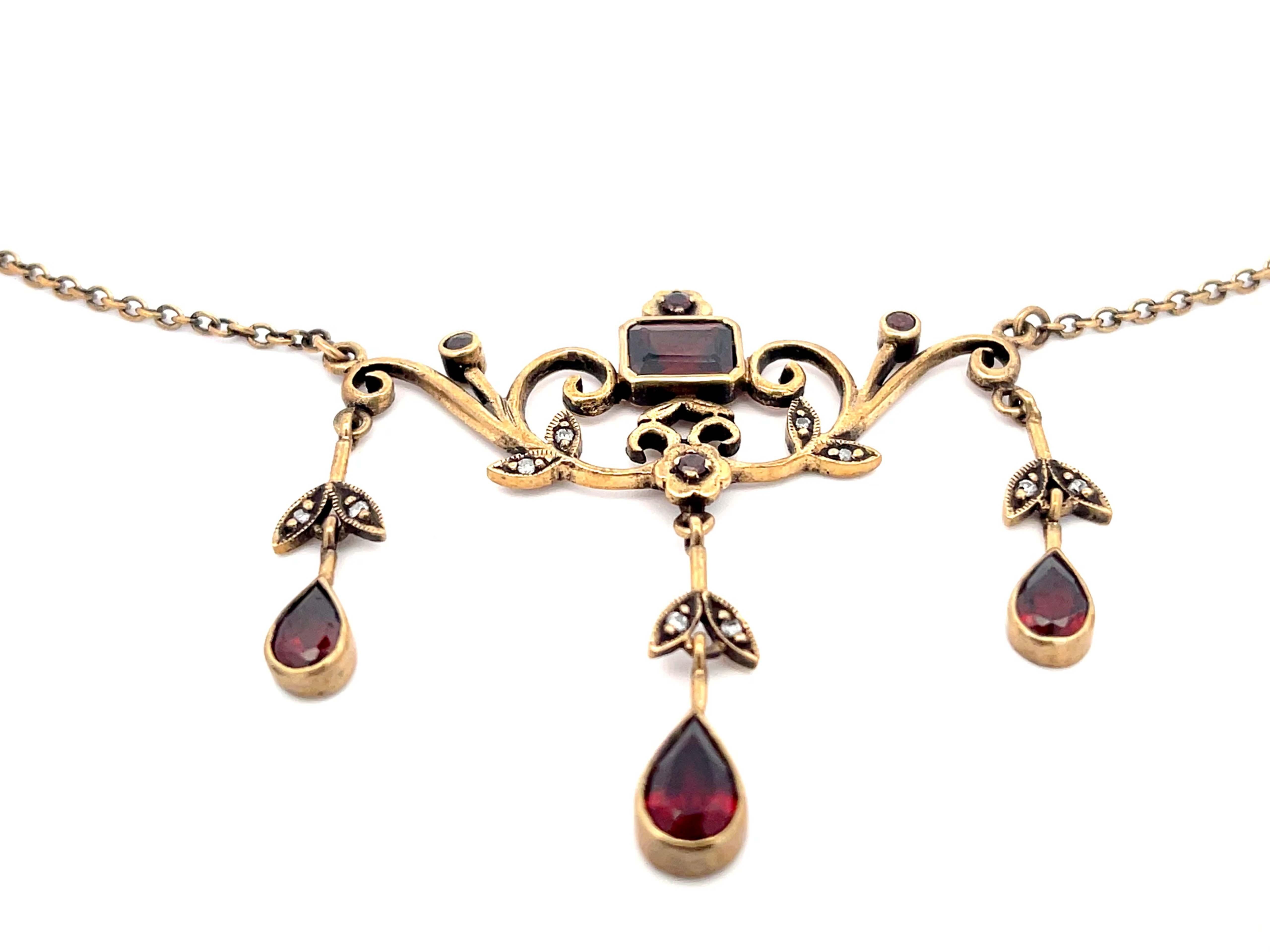 Renaissance Diamond and Red Garnet Dangly Necklace 9k Rose Gold In Excellent Condition For Sale In Honolulu, HI