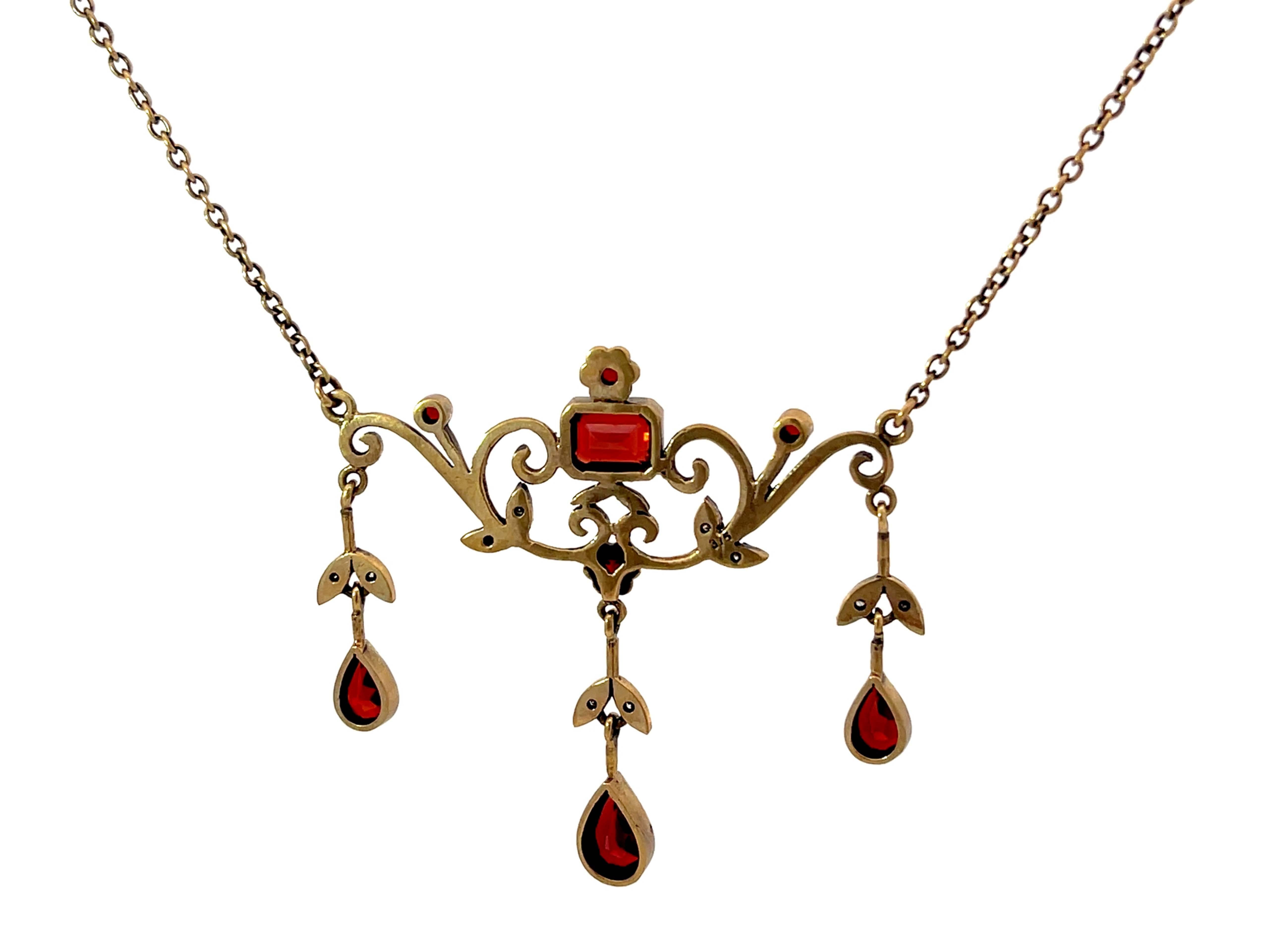 Renaissance Diamond and Red Garnet Dangly Necklace 9k Rose Gold For Sale 2