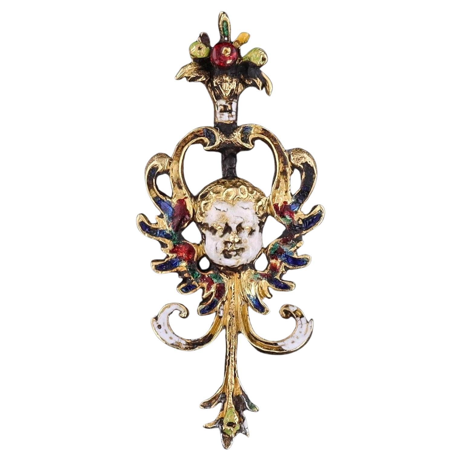 Renaissance-Emaille-Anhänger mit geflügeltem Cherub-Anhänger aus 22 Karat Gold