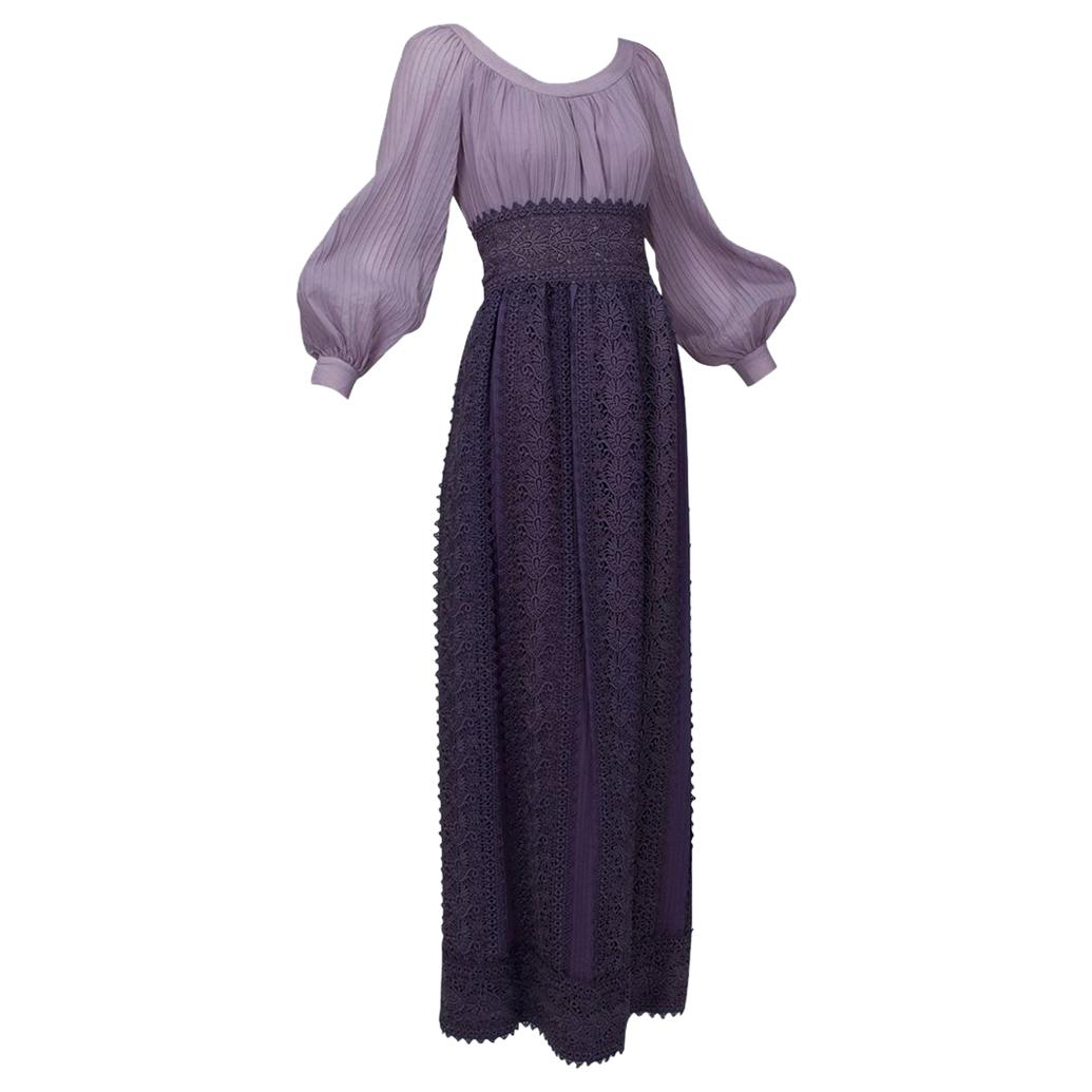 Renaissance Fairy Purple Bishop Sleeve Crochet Maxi Dress - M-L, 1970s