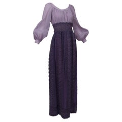 Vintage Renaissance Fairy Purple Bishop Sleeve Crochet Maxi Dress - M-L, 1970s