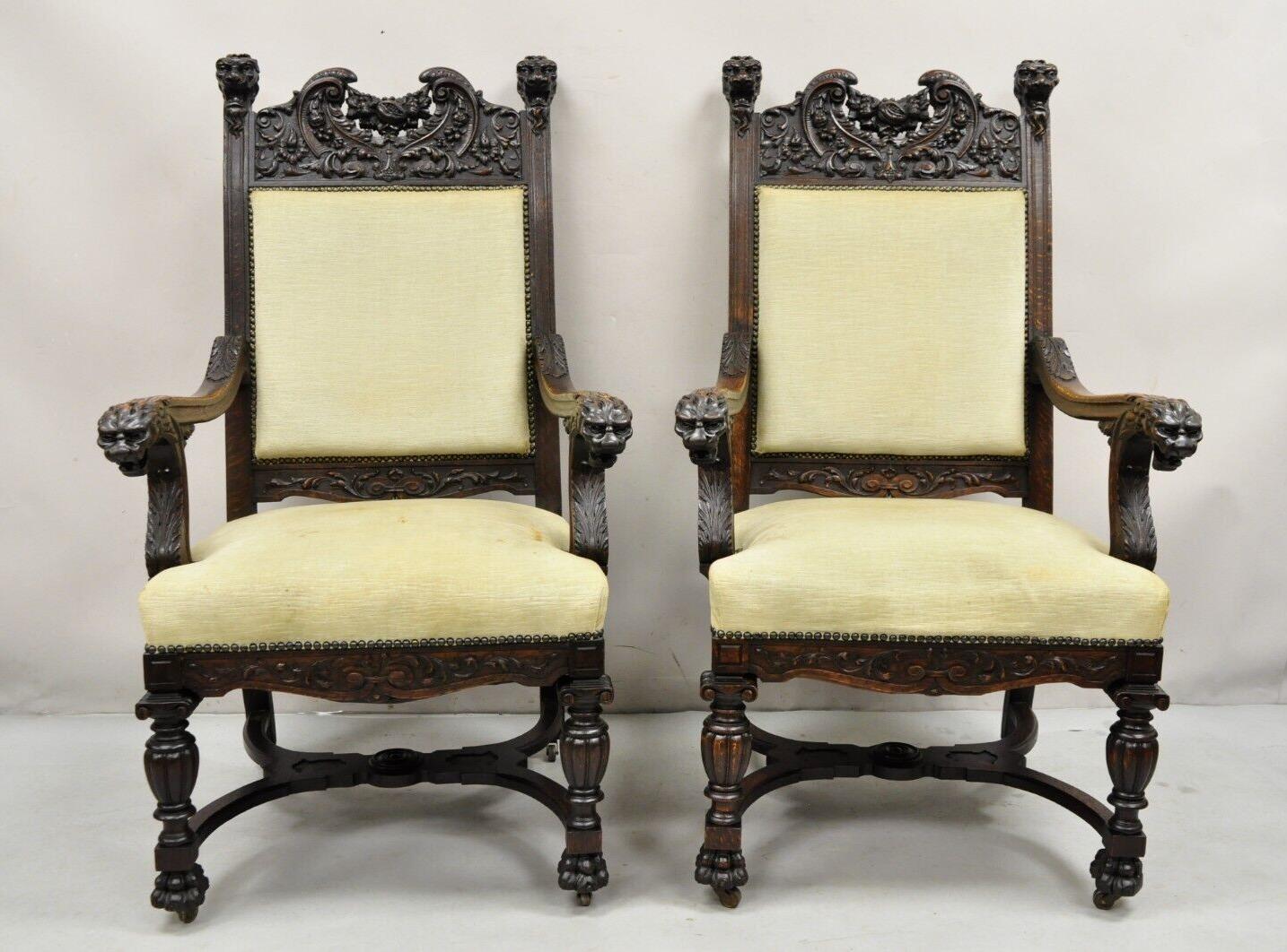 Renaissance Figural Lion Carved Oak Dining Chairs RJ Horner Attribute - Set of 6 For Sale 6