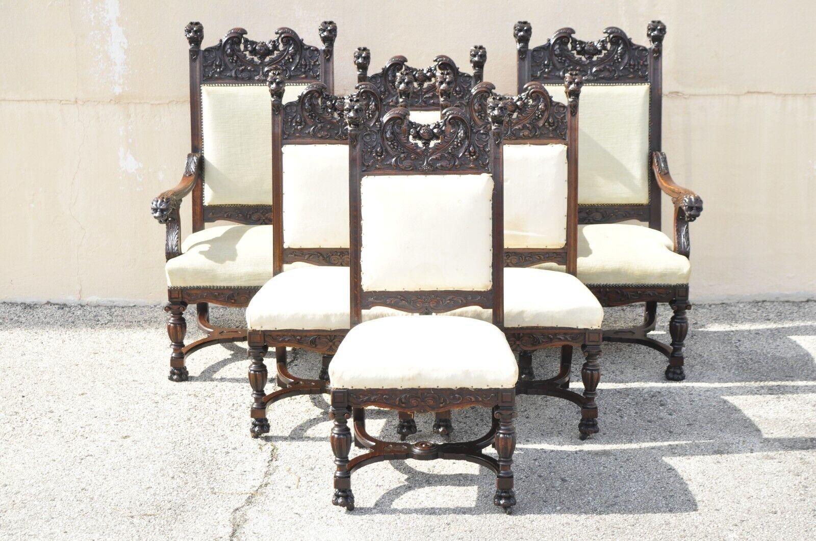 Renaissance Figural Lion Carved Oak Dining Chairs RJ Horner Attribute - Set of 6 For Sale 8