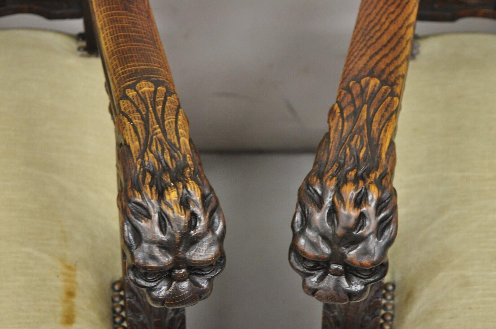 Renaissance Figural Lion Carved Oak Dining Chairs RJ Horner Attribute - Set of 6 For Sale 11