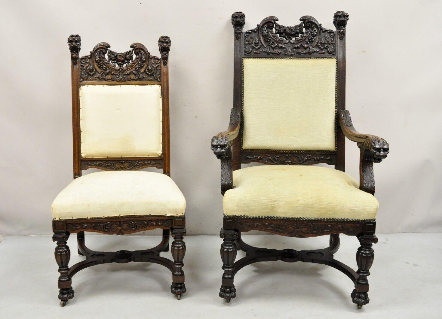 Antique Oak Renaissance Figural Lion Carved Dining Chairs attributed to R.J. Horner - Set of 6. Item features (2) Armchairs, (4) Side chairs, stunning solid oak wood carved frames featuring lion heads, paw feet, stretcher bases and other floral and