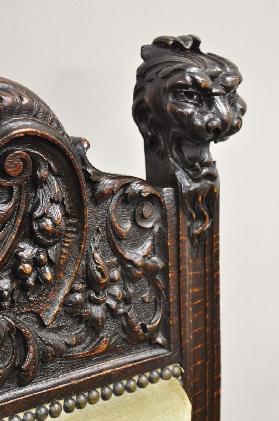 Renaissance Figural Lion Carved Oak Dining Chairs RJ Horner Attribute - Set of 6 In Good Condition For Sale In Philadelphia, PA