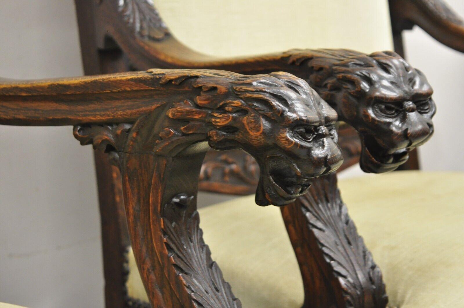 Renaissance Figural Lion Carved Oak Dining Chairs RJ Horner Attribute - Set of 6 For Sale 1