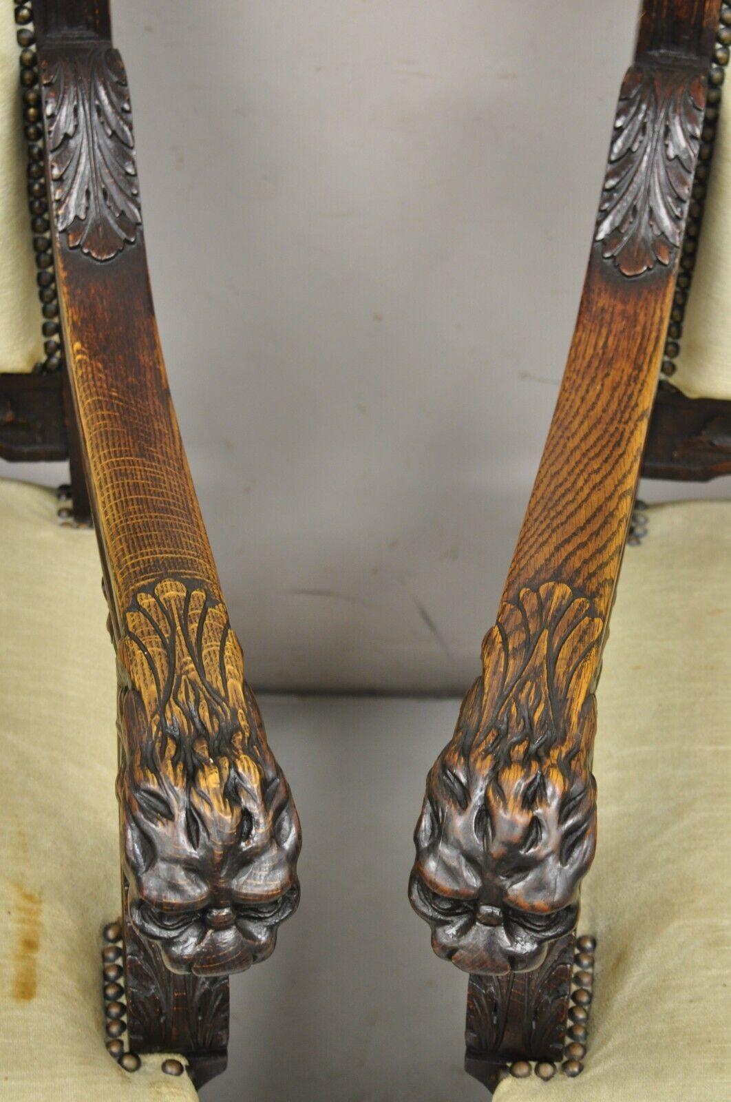Renaissance Figural Lion Carved Oak Dining Chairs RJ Horner Attribute - Set of 6 For Sale 2