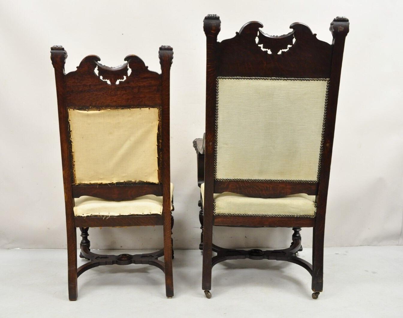 Renaissance Figural Lion Carved Oak Dining Chairs RJ Horner Attribute - Set of 6 For Sale 4