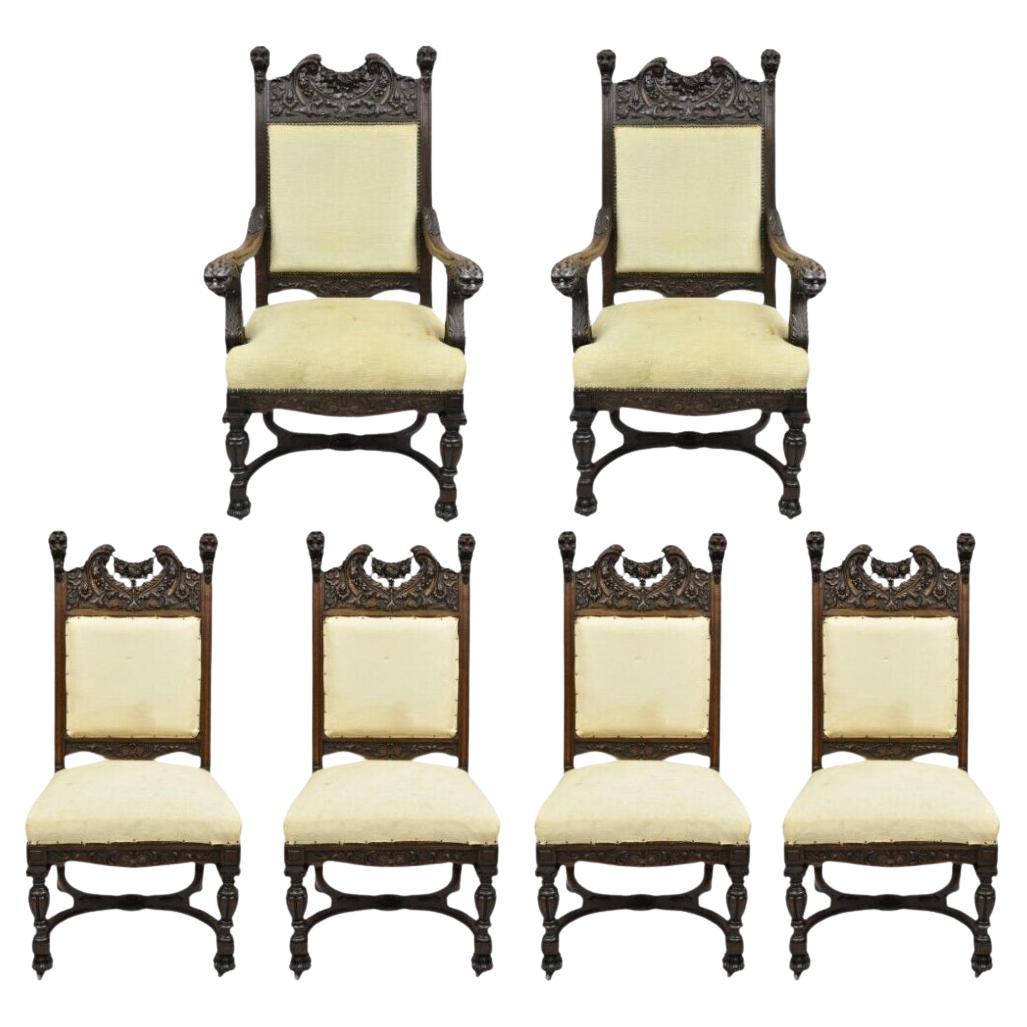 Renaissance-Esszimmerstühle aus geschnitzter Eiche mit Löwenfigur, RJ Horner zugeschrieben, 6er-Set im Angebot