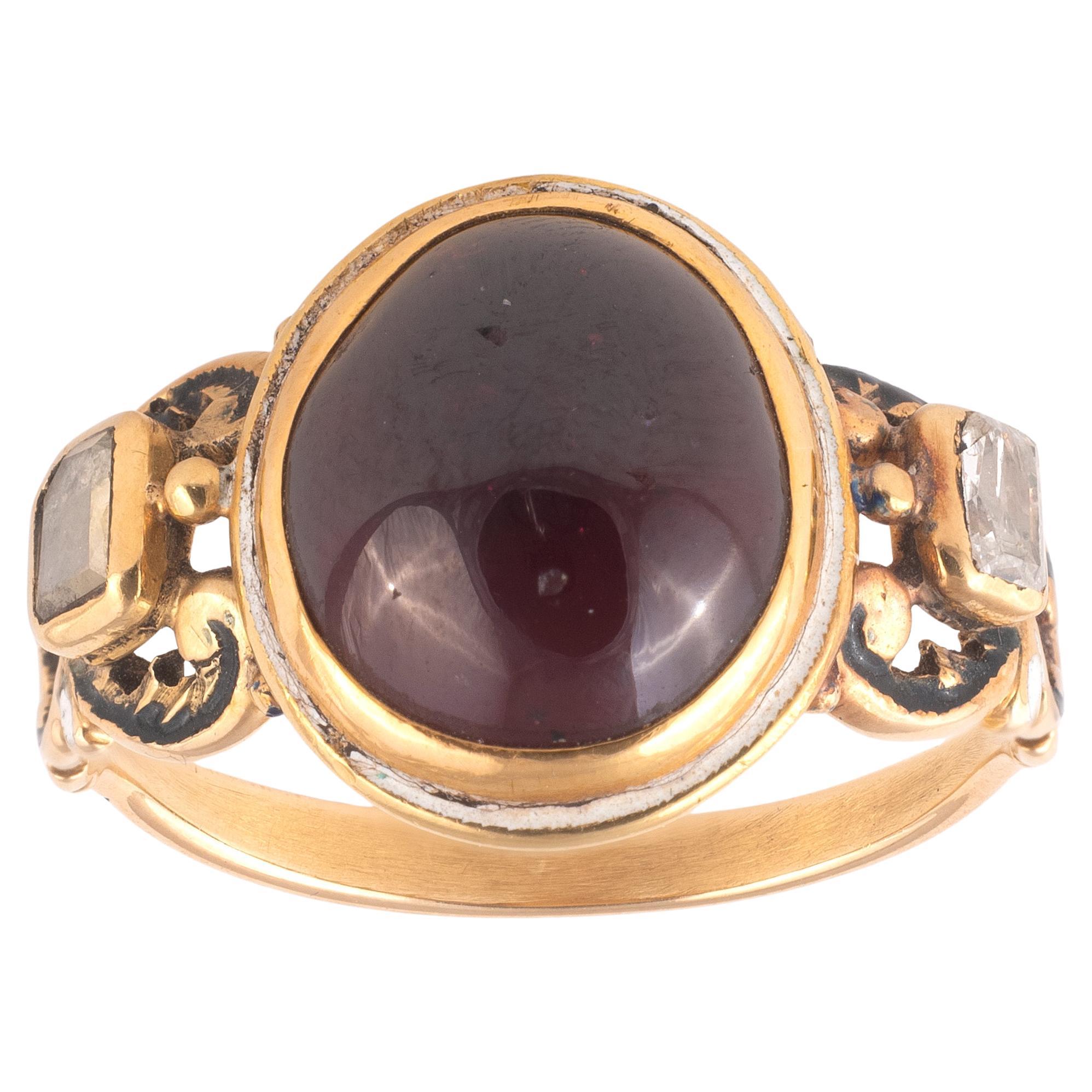 Renaissance Garnet And Table-Cut Diamond Ring For Sale