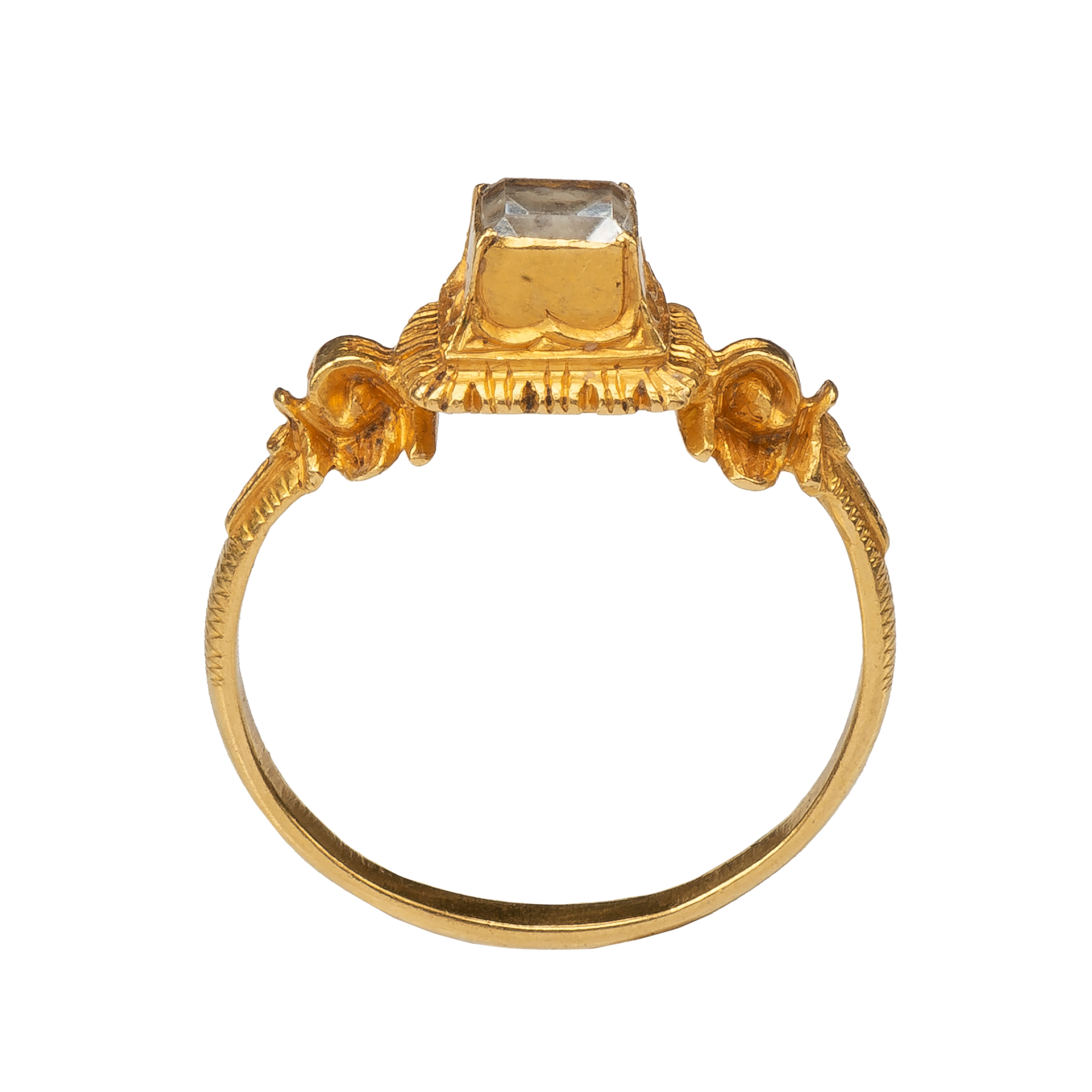 Renaissance Marriage Ring
Western Europe, late 16th century
Gold, rock crystal, traces of white and black enamel
Weight 4.09 g; circumference: 54.82 mm.; US size US 7 1/4; UK size 0 1/2

The gold hoop with D-section widens towards shoulders that end