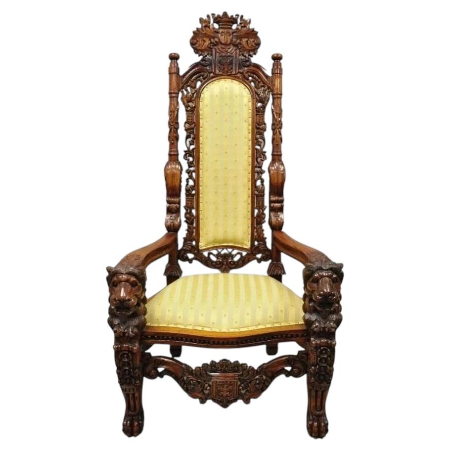 Renaissance Gothic Style Large Figural Lion Carved Wood Paw Feet Throne Chair For Sale