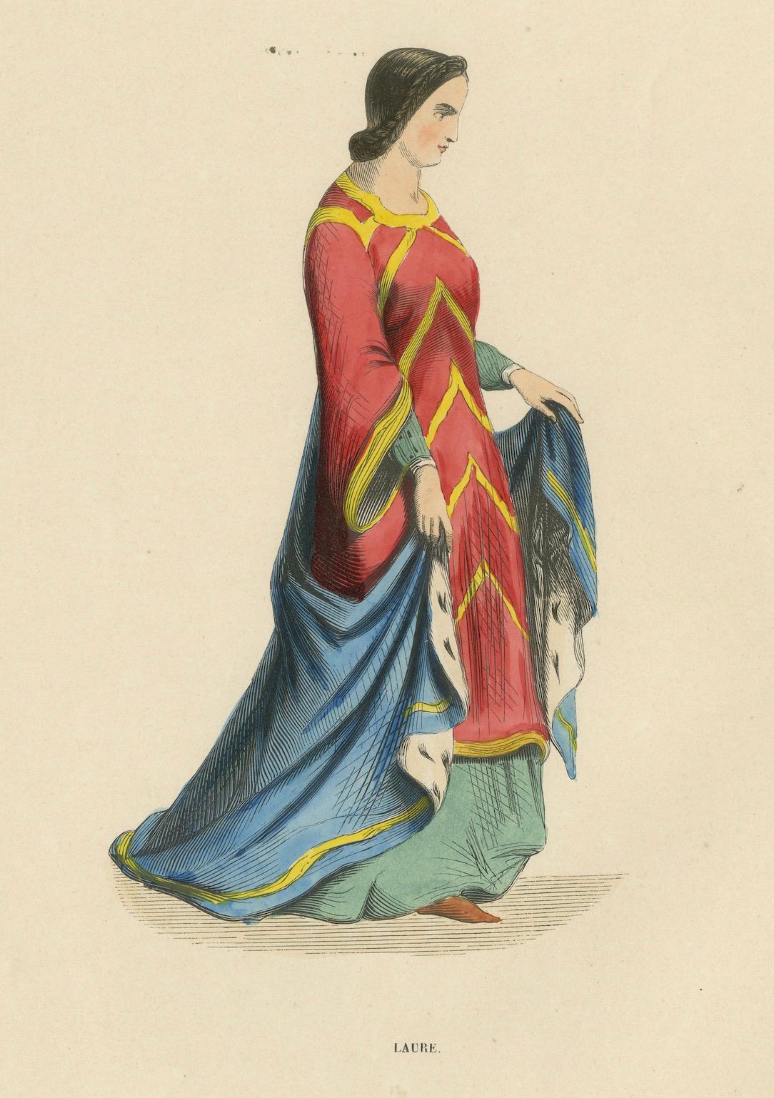 Mid-19th Century Renaissance Grace: A Lady's Attire in 'Costume du Moyen Âge', 1847 For Sale