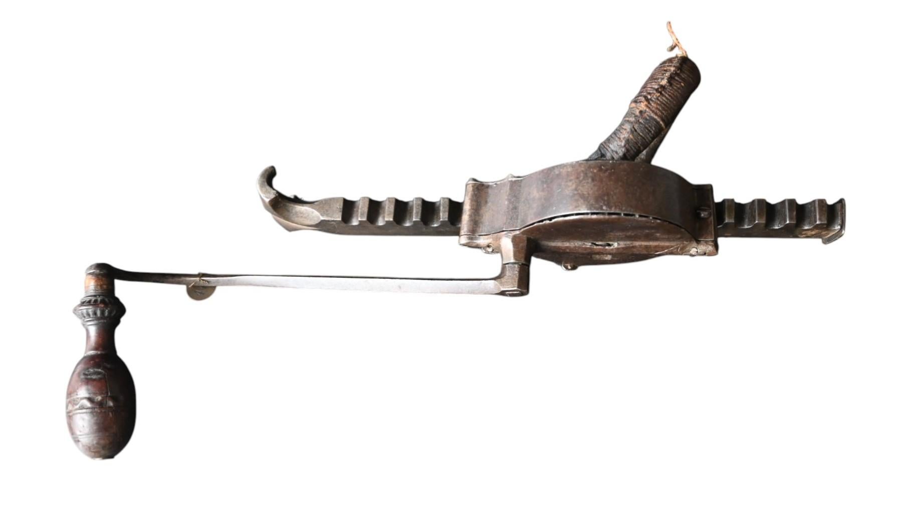 Wrought Iron Renaissance Hunting Cranequin, Dated 1589 — With Maker’s Mark in Shield For Sale