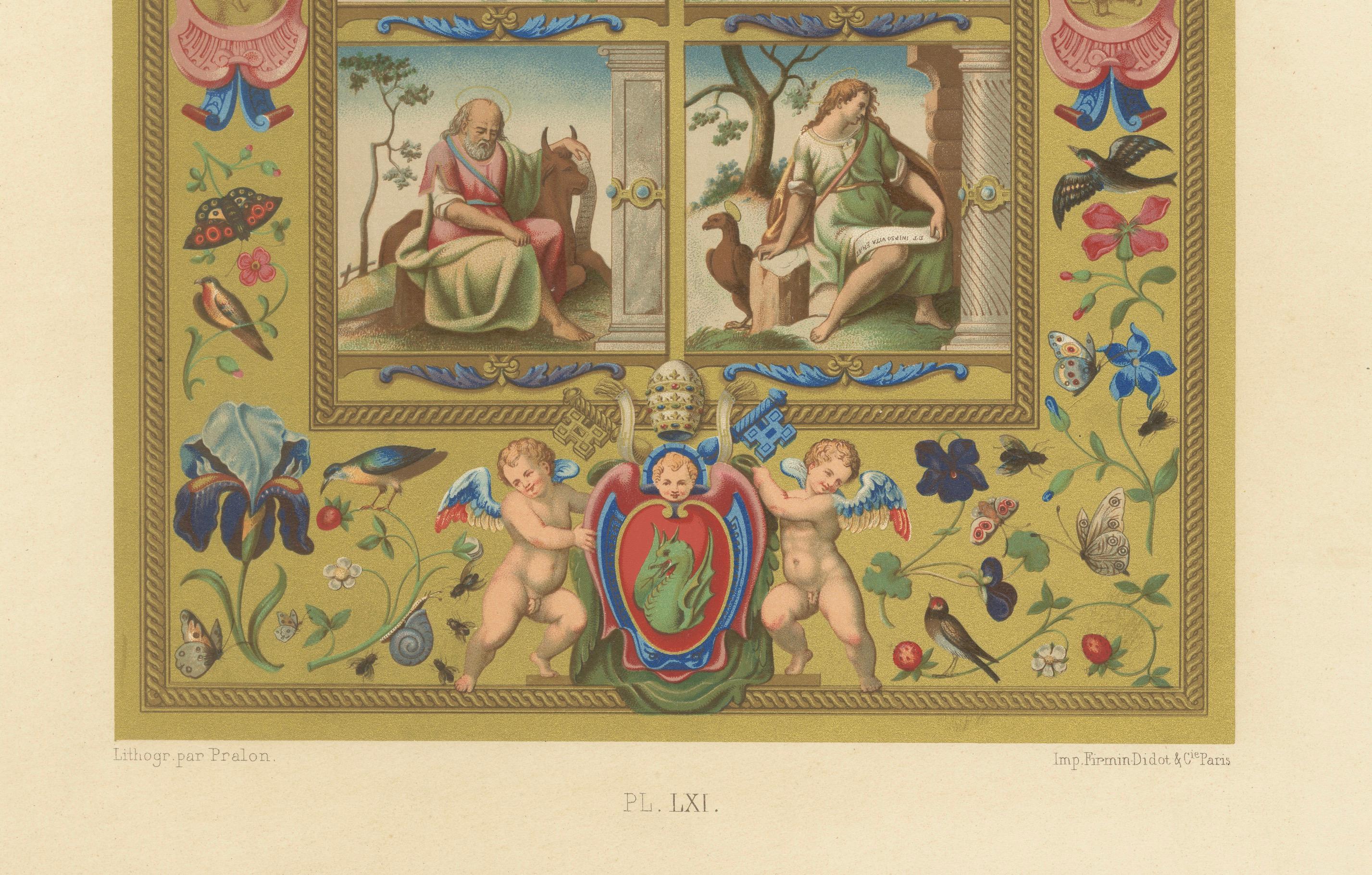 Illumination de la Renaissance en l'honneur du pape Grégoire XIII - Chromolithographie ancienne, Pl. LXI

Cette exquise chromolithographie, planche LXI de *L'Ornement Polychrome* (Paris, vers 1869), présente un panneau décoratif de la Renaissance