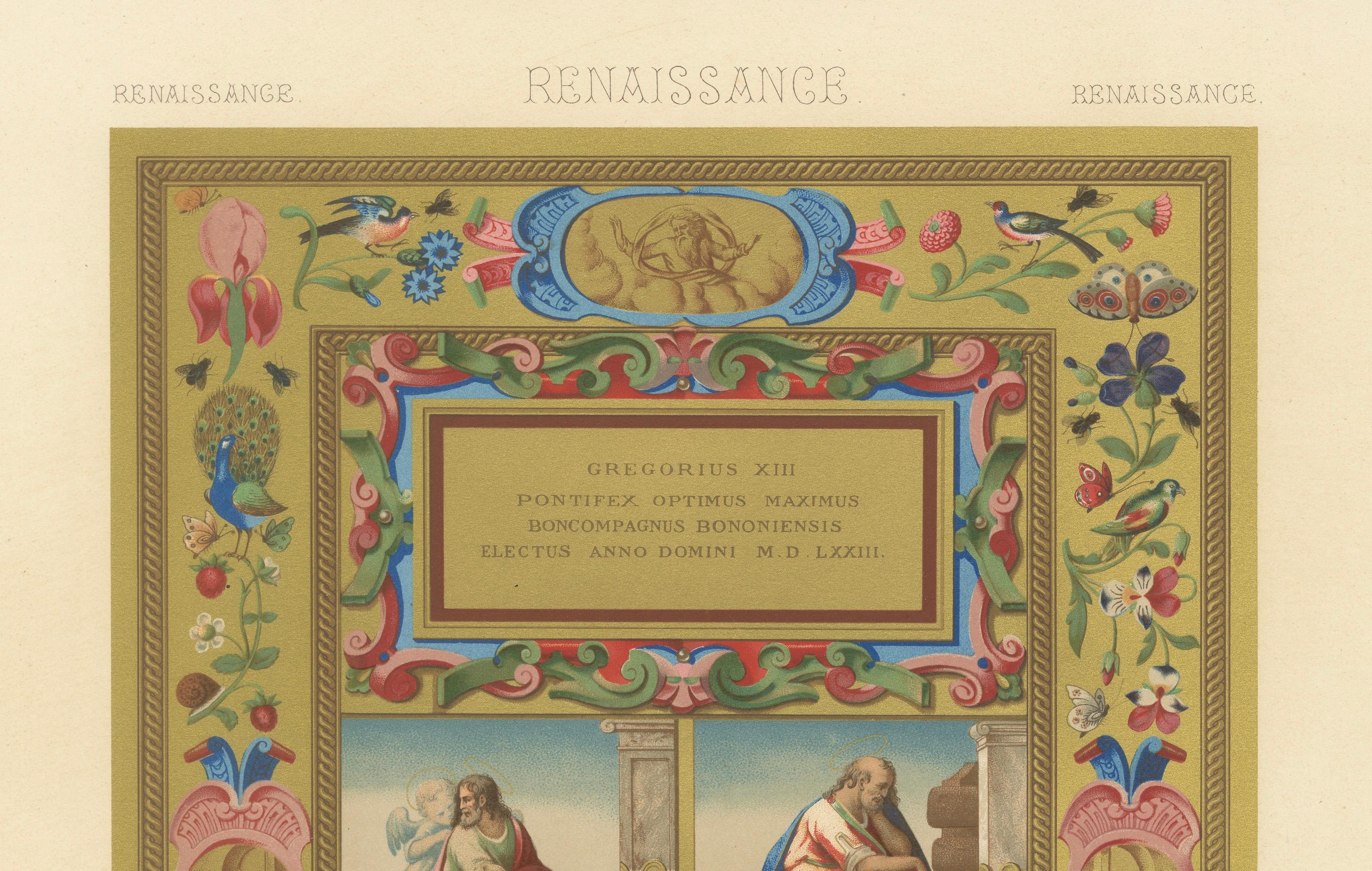 Illumination de la Renaissance du pape Grégoire XIII - Estampe ancienne, planche LXI, 1869 Bon état - En vente à Langweer, NL