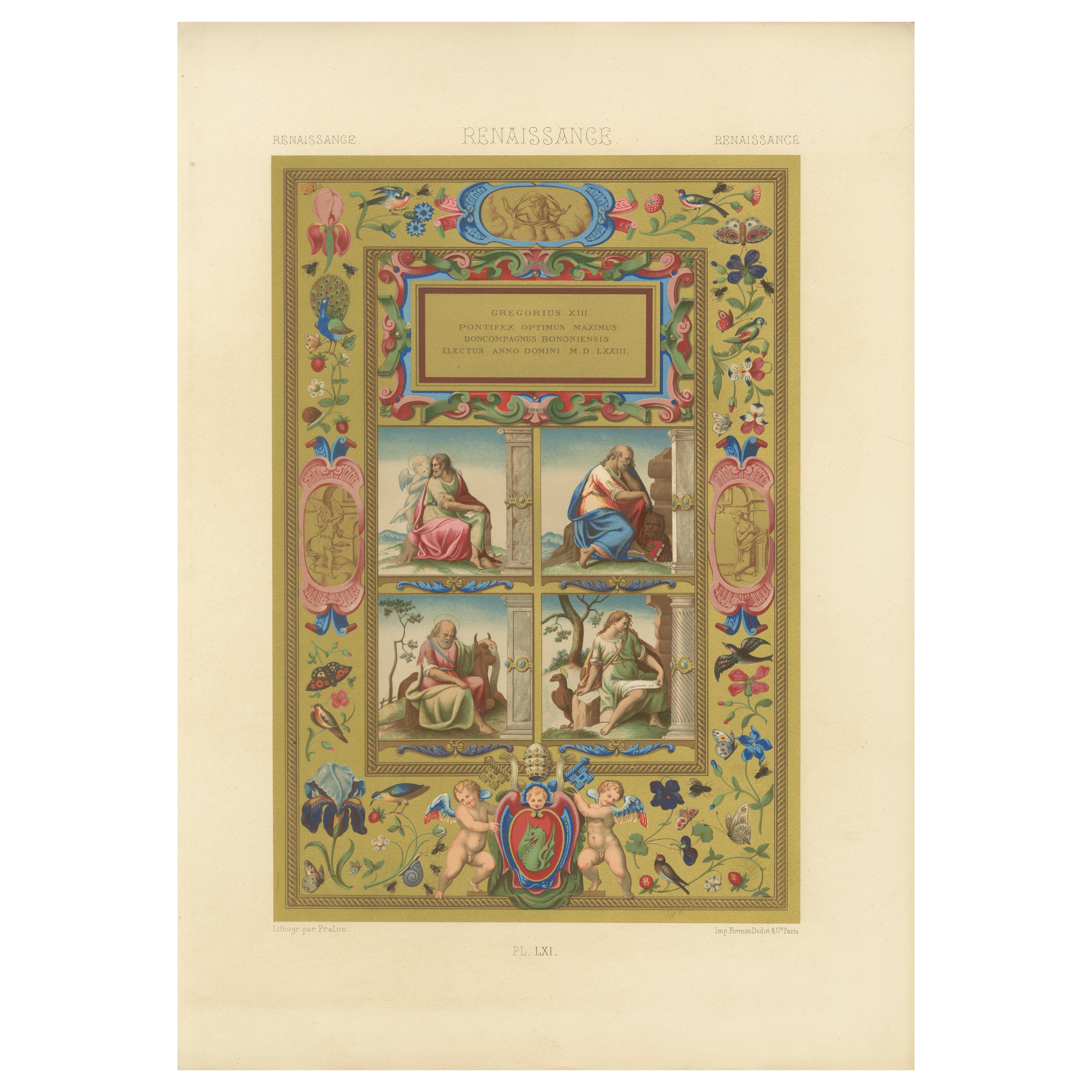 Illuminazione rinascimentale di Papa Gregorio XIII - Stampa antica, lastra LXI, 1869 in vendita