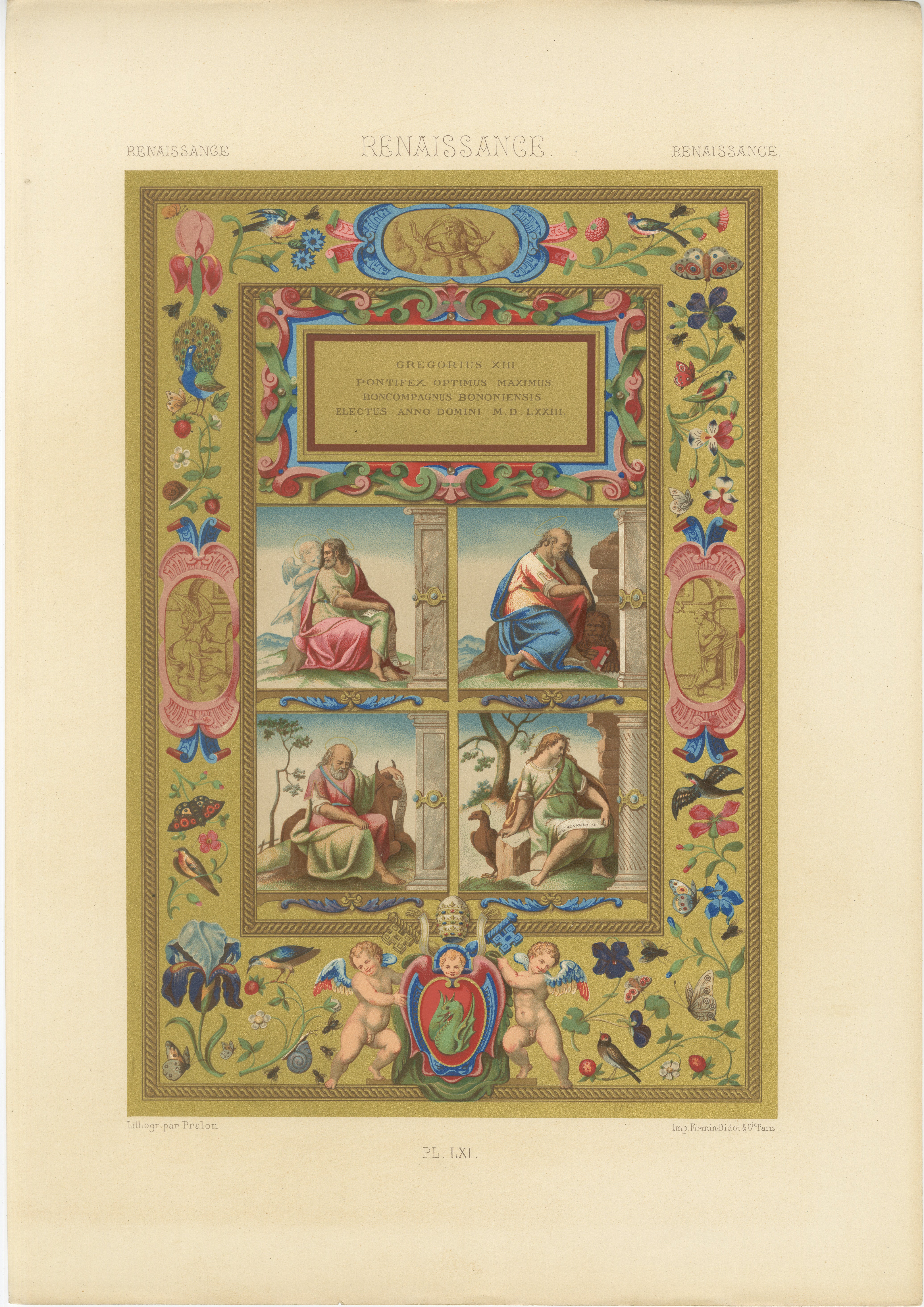 Illumination de la Renaissance du pape Grégoire XIII - Estampe ancienne, planche LXI, 1869 en vente