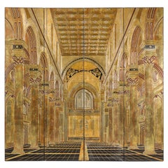Renaissance-Inspired 4-Panel Gilded Screen with Raised Architectural Design