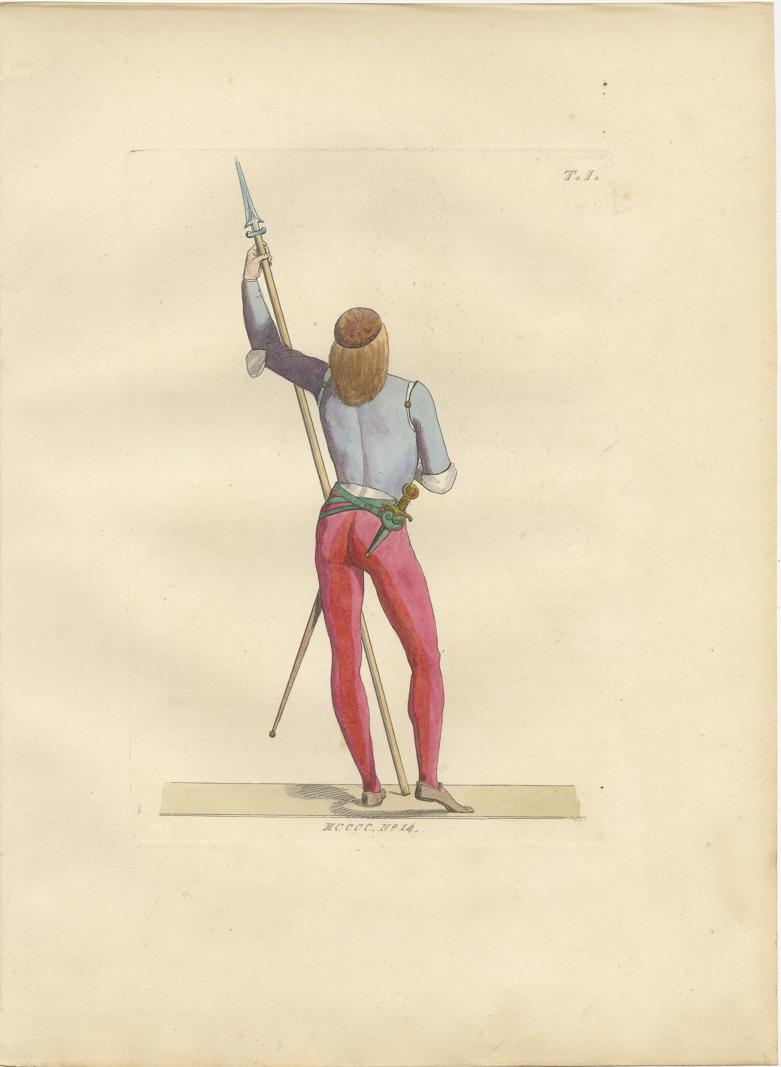 Renaissance Italian Costumes: Soldier, Young Lady, Florentine Noble

This captivating set of three hand-colored lithographs presents Italian costume designs from the early 15th century, drawn from authentic historical sources and compiled in the