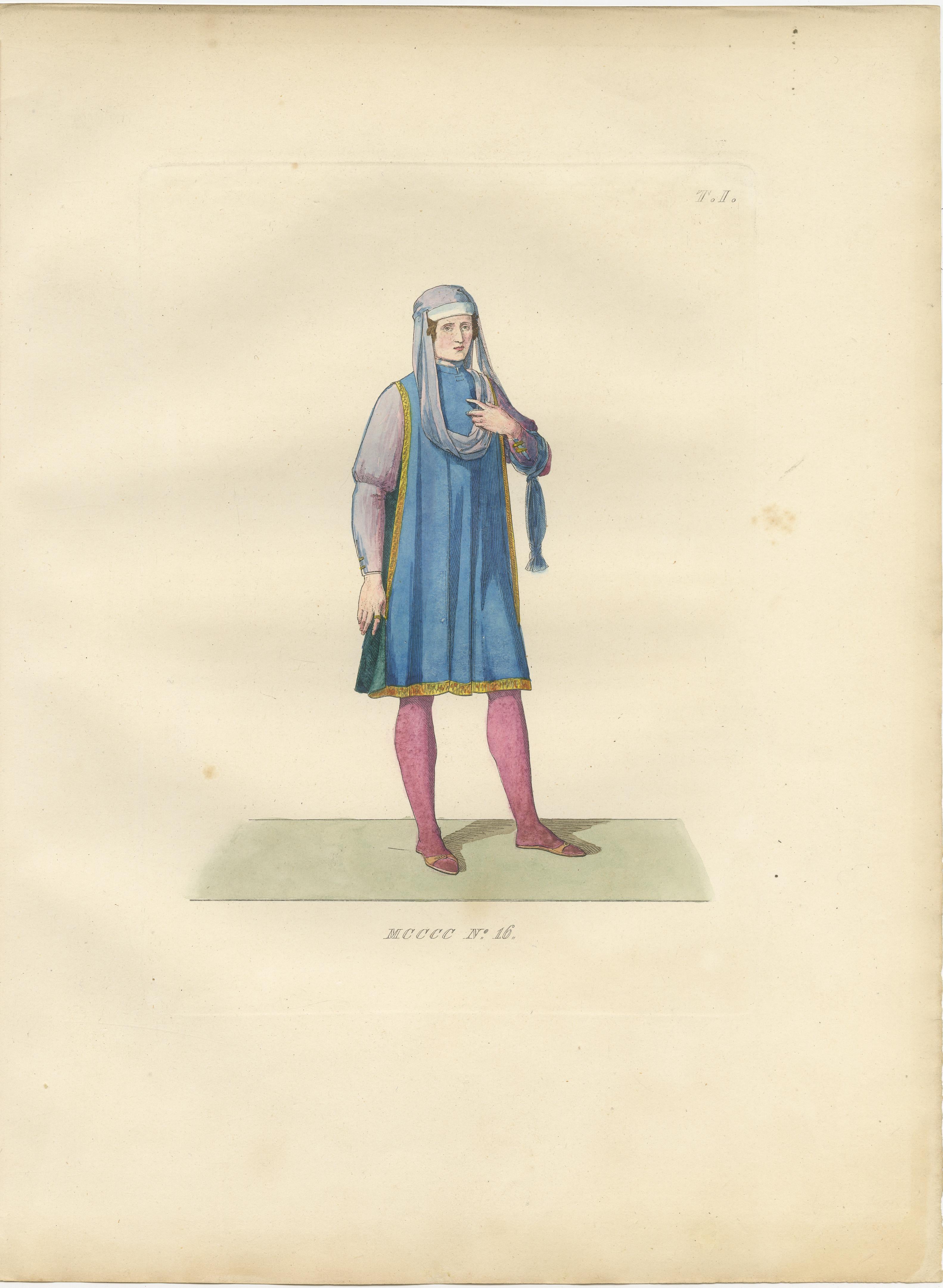 Engraved Renaissance Italian Costumes: Soldier, Young Italia Lady, Florentine Noble, 1845 For Sale
