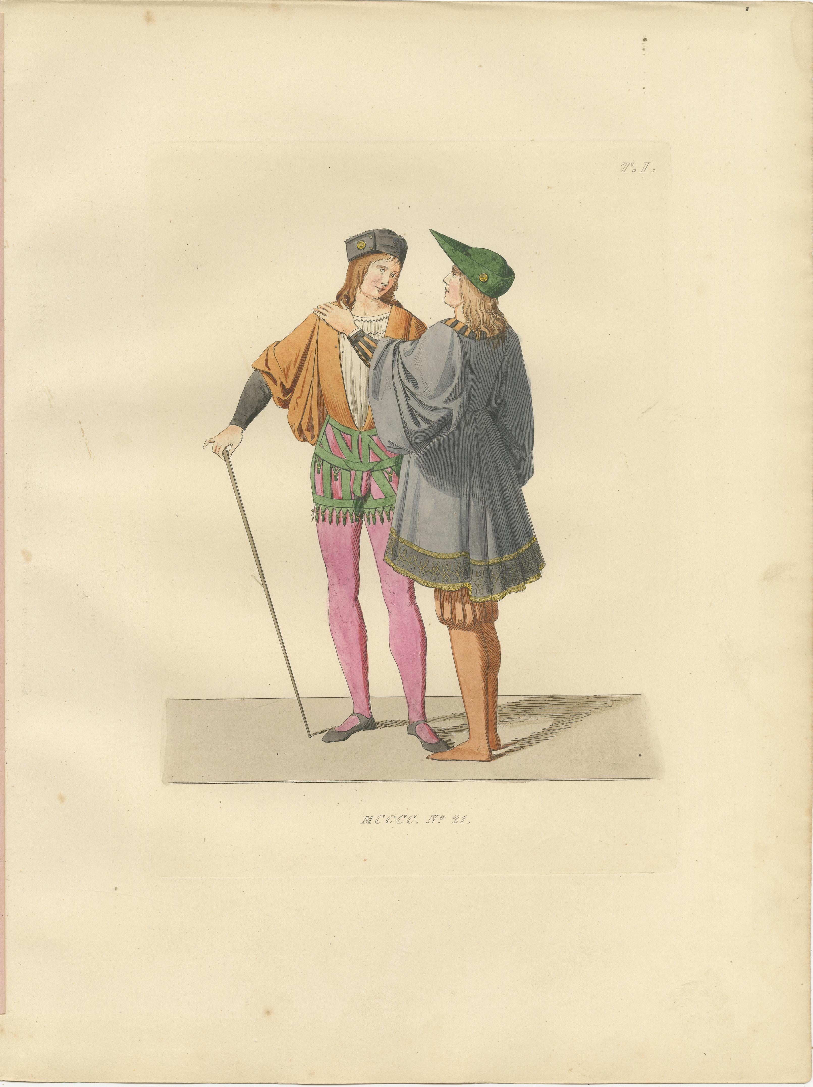 Renaissance Italian Figures: Pages, Cavalier, and Cardinal in Costume

This fine trio of hand-colored lithographs offers a vivid look into the richly layered visual world of Italian fashion in the late Middle Ages and early Renaissance. These