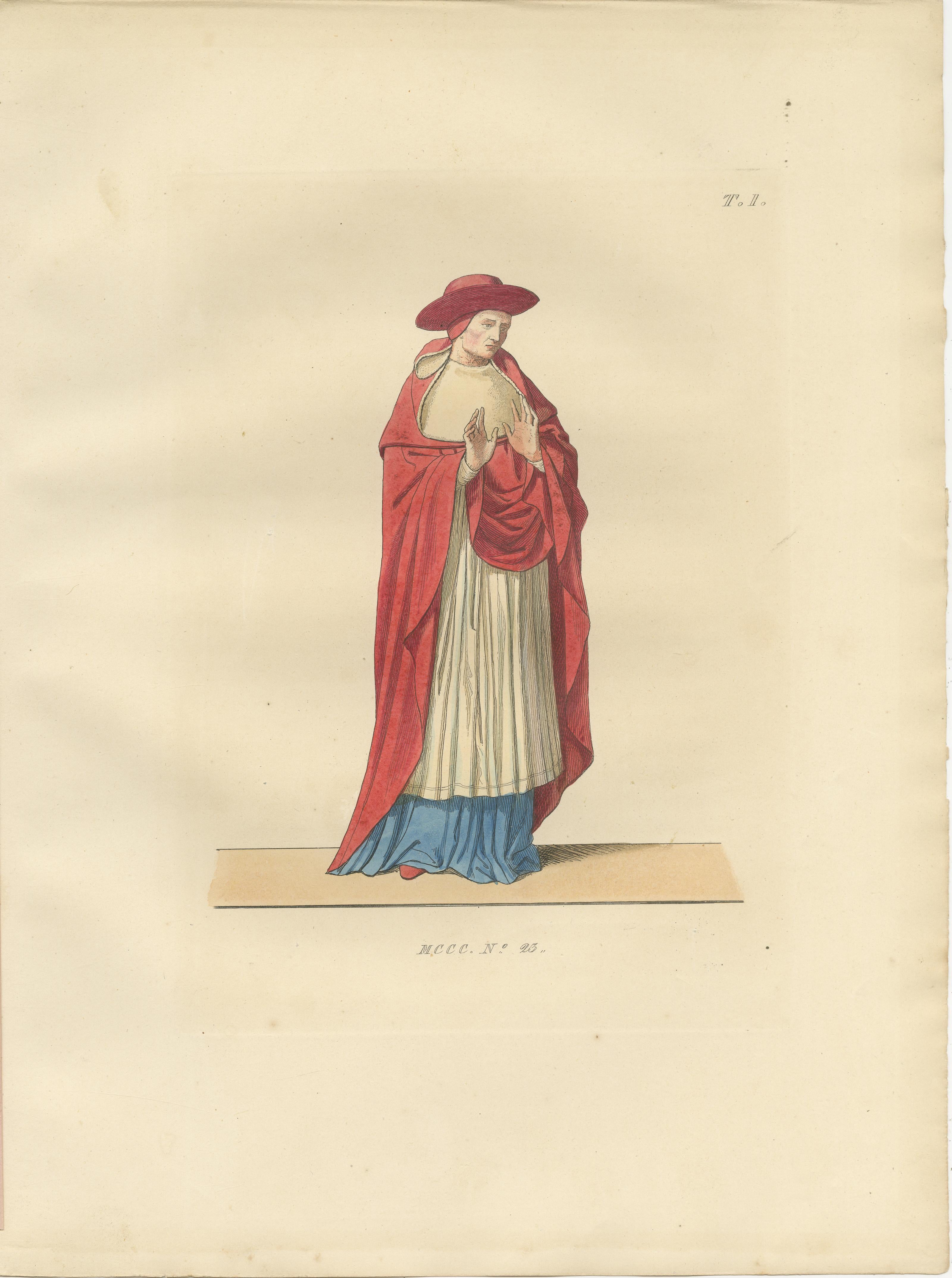 Engraved Renaissance Italian Figures: Pages, Cavalier, and Cardinal in Costume, 1845 For Sale