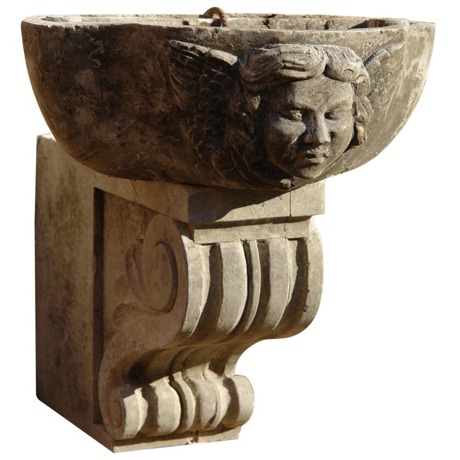 Renaissance Italian Style Fountain, Angel and Winds, Hand-Carved in Limestone For Sale