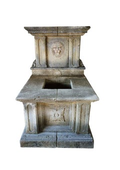 Renaissance Italian Style Wall Fountain, Hand-Carved in Limestone, Lions Head