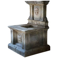 Renaissance Italian Style Wall Fountain, Hand-Carved in Limestone, Lions Head