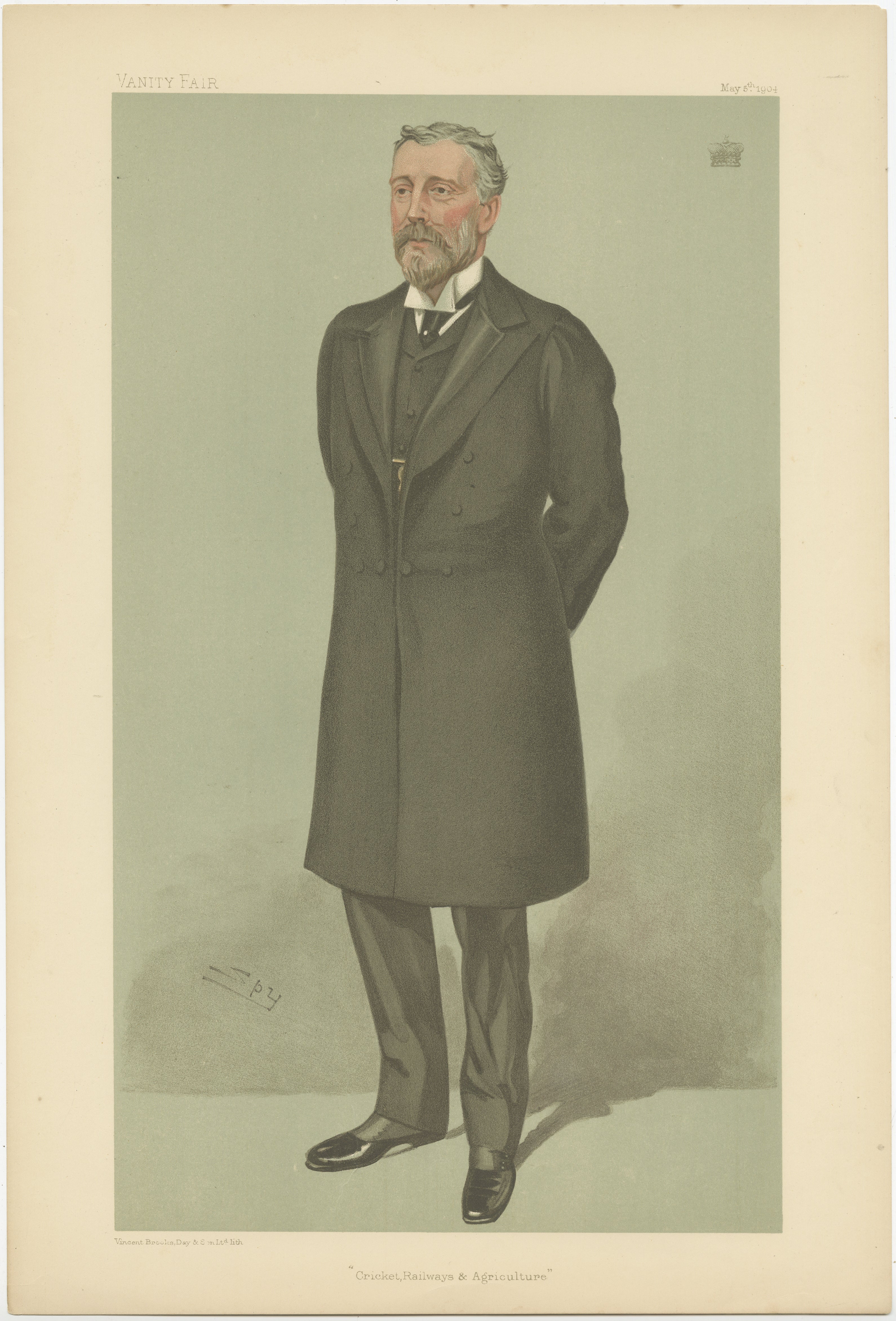 Cette caricature de Vanity Fair datant du 5 mai 1904 représente Sir Alfred Cooper, un chirurgien anglais connu pour ses contributions à la médecine de l'époque. Le portrait est exécuté de manière digne, montrant Sir Alfred Coates debout dans un