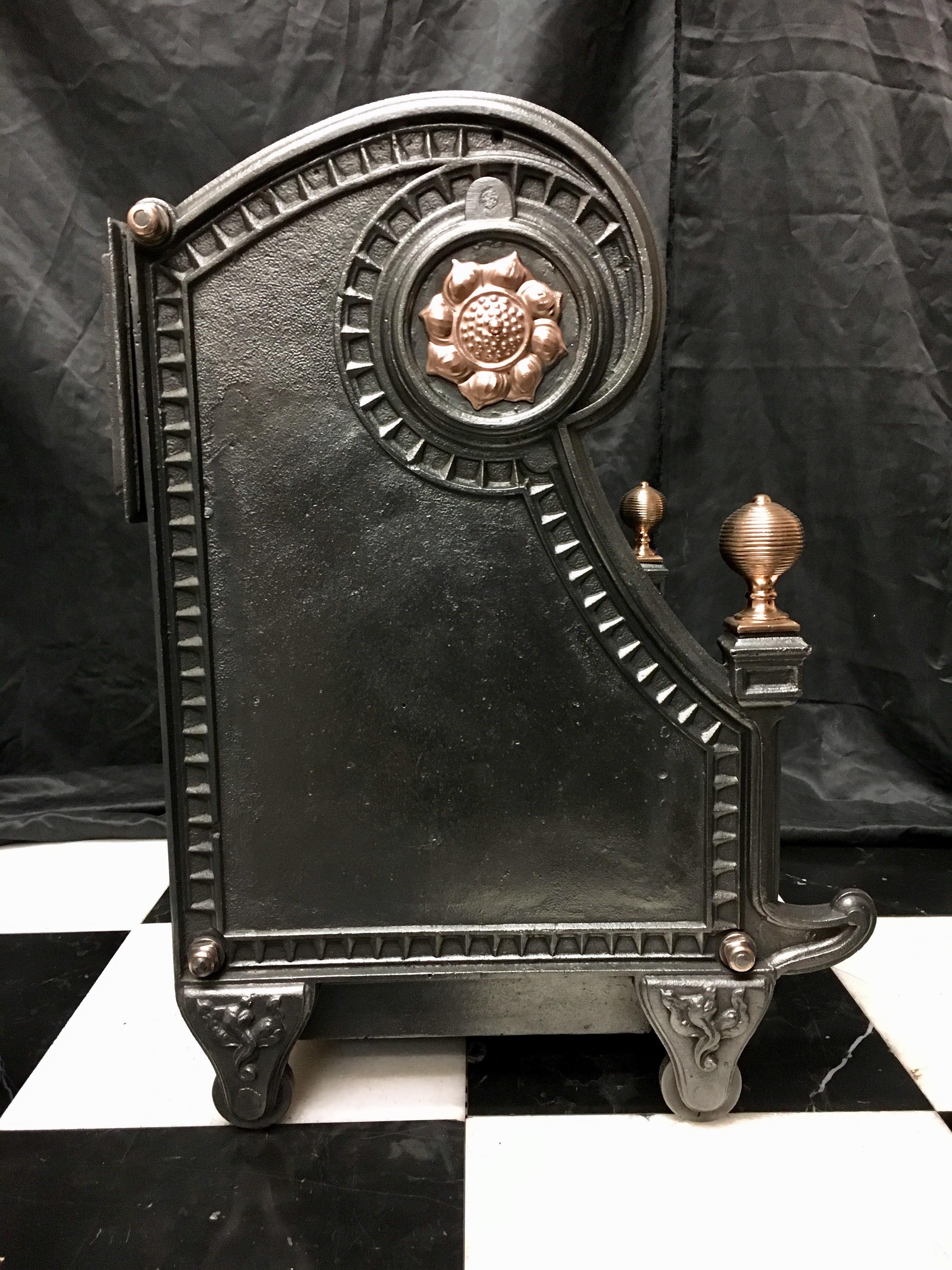 Late 19th Century Renaissance Manor Antique Victorian Cast Iron and Bronze Hooded Fire Grate For Sale