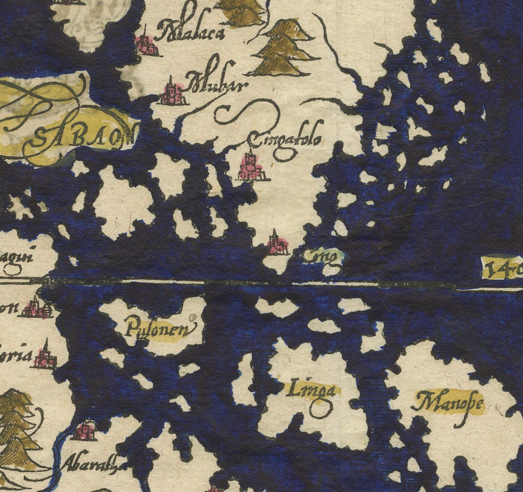 Cartographie de Sumatra à la Renaissance : Singapour dans la gravure sur bois de Münster, c.1590. Bon état - En vente à Langweer, NL