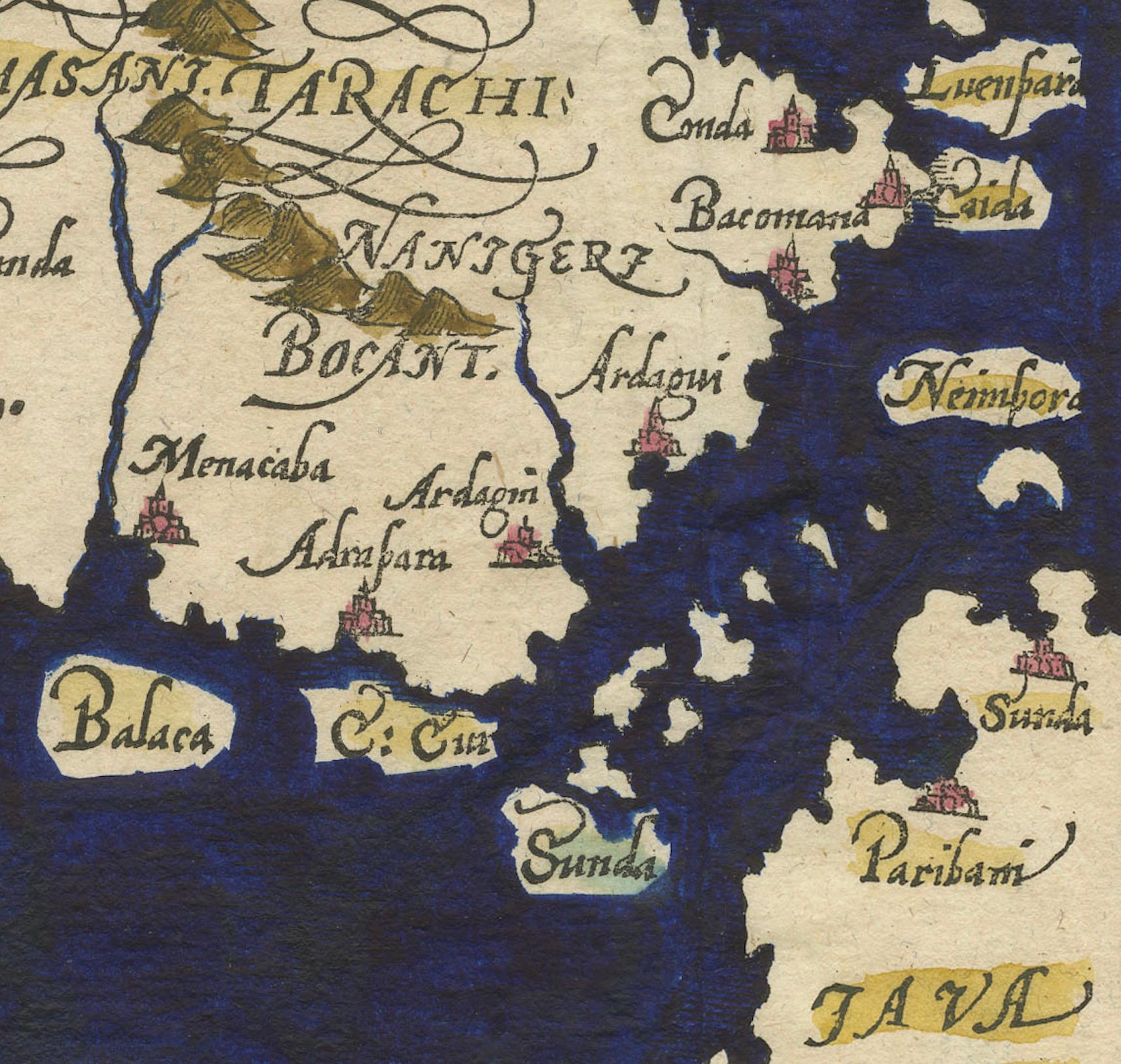 XVIIIe siècle et antérieur Cartographie de Sumatra à la Renaissance : Singapour dans la gravure sur bois de Münster, c.1590. en vente