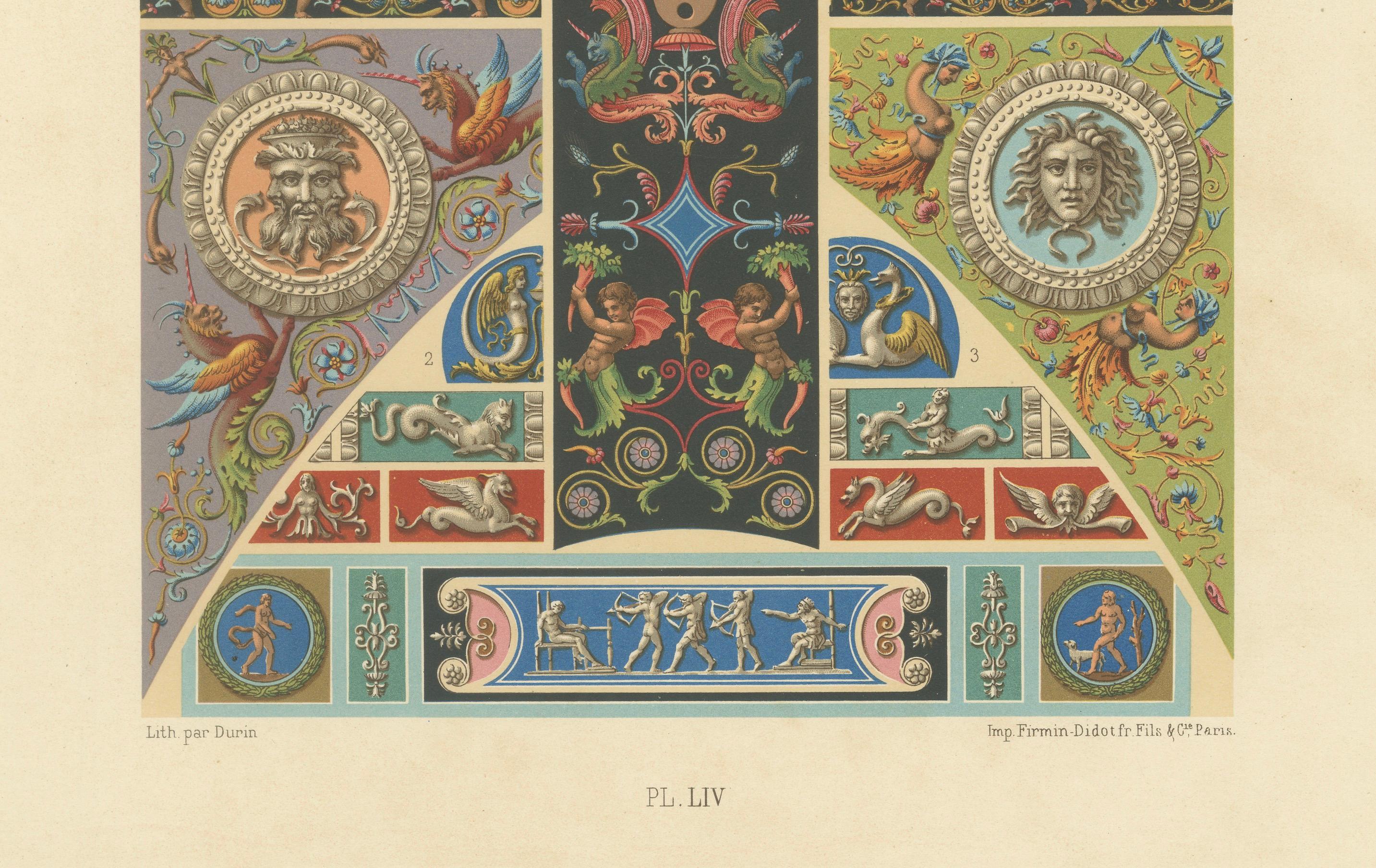 Renaissance Medallions & Mythological Grotesques – Classical Ornament, Pl. LIV

This striking chromolithograph, Plate LIV from *L'Ornement Polychrome* (Paris, circa 1869), presents a refined collection of Renaissance grotesques and medallion motifs