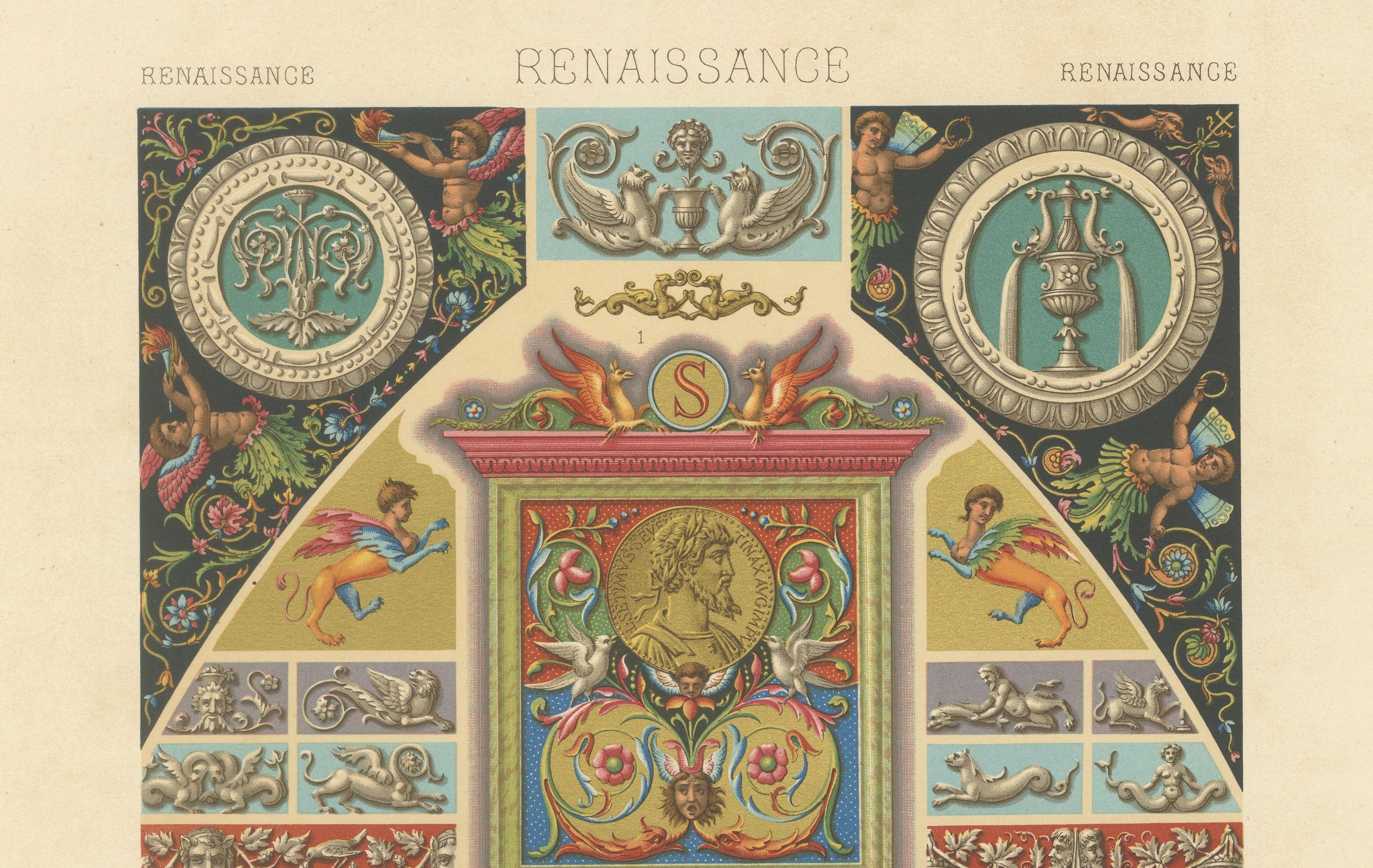 French Renaissance Medallions & Mythological Grotesques – Classical Ornament, 1869 For Sale