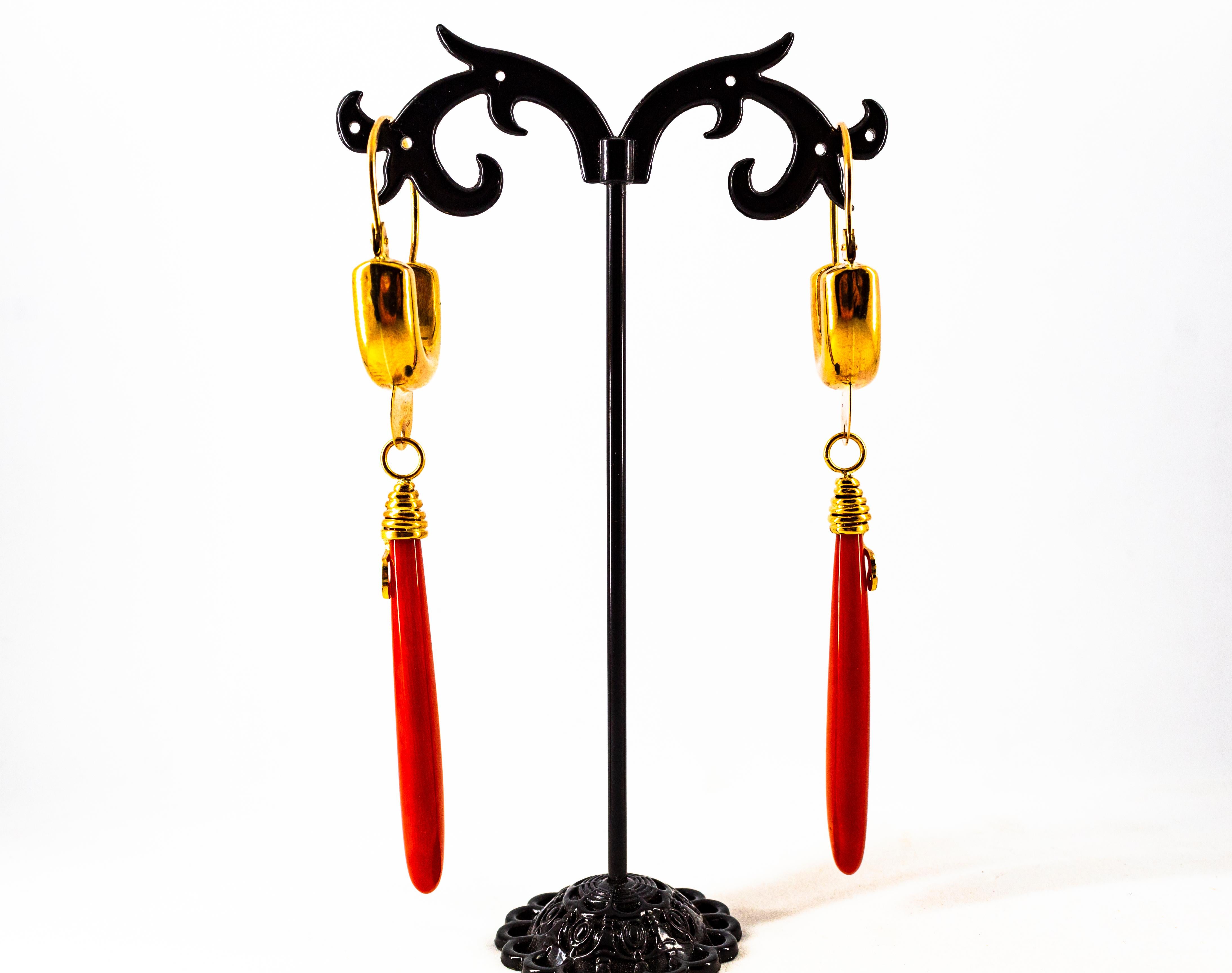 These Lever-Back Earrings are made of 9K Yellow Gold.
These Earrings have 0.04 Carats of White Diamonds.
These Earrings have also Mediterranean (Sardinia, Italy) Red Coral.
All our Earrings have pins for pierced ears but we can change the closure