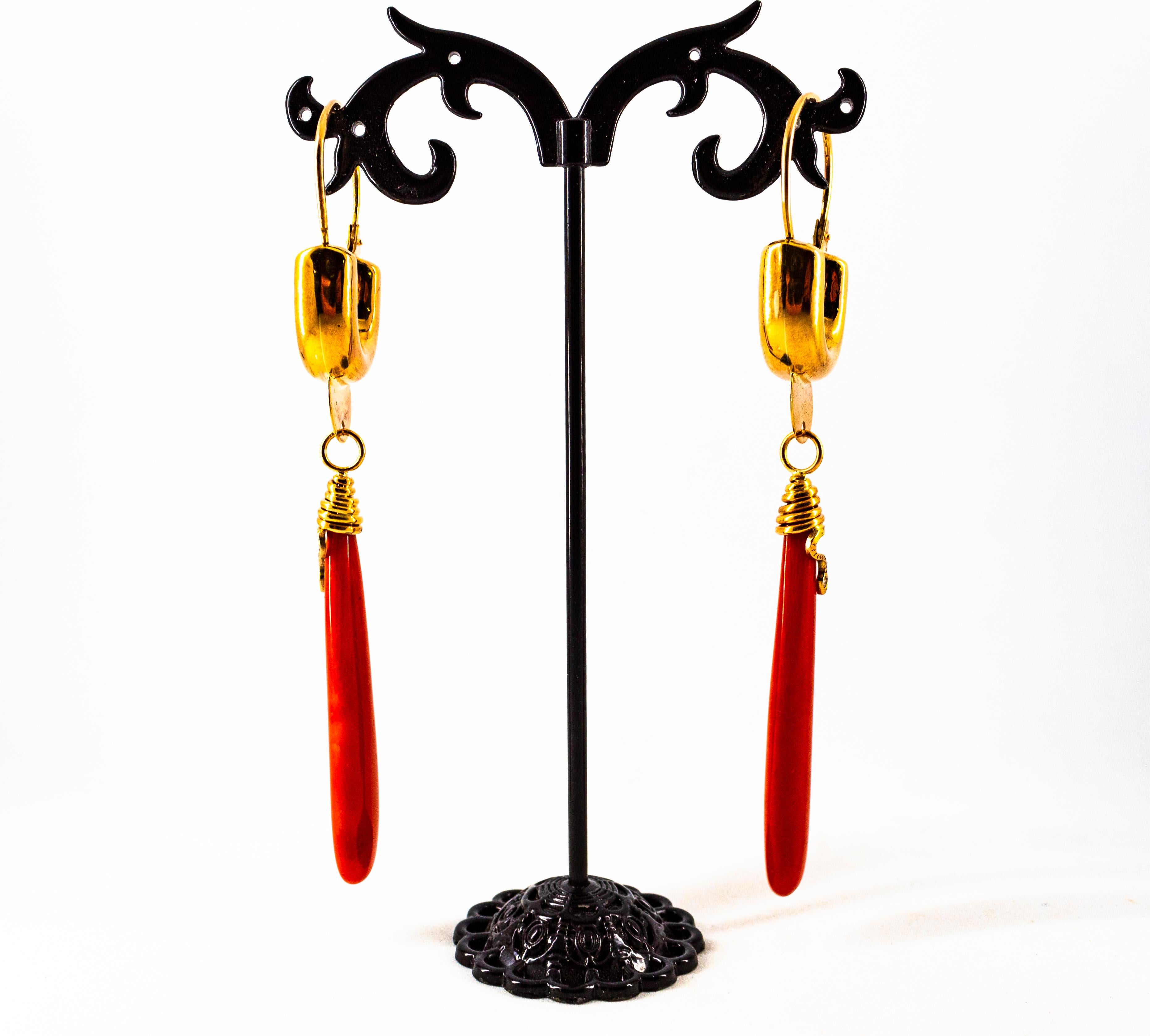 Women's or Men's Renaissance Mediterranean Red Coral White Diamond Yellow Gold Drop Earrings For Sale