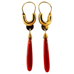 Vintage Renaissance Mediterranean Red Coral White Diamond Yellow Gold Drop Earrings