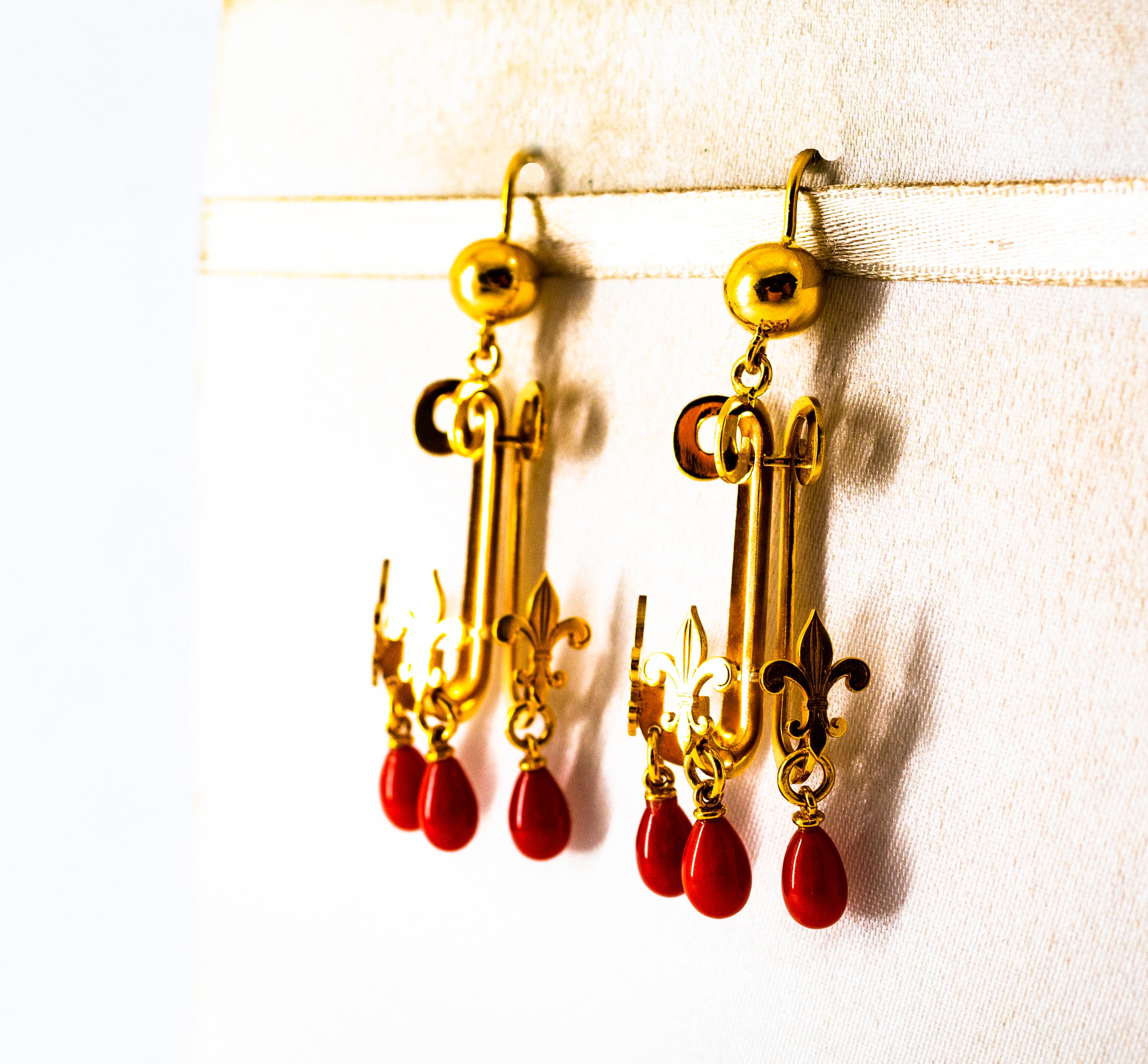 Renaissance Mediterranean Red Coral Yellow Gold Stud Chandelier Drop Earrings 1