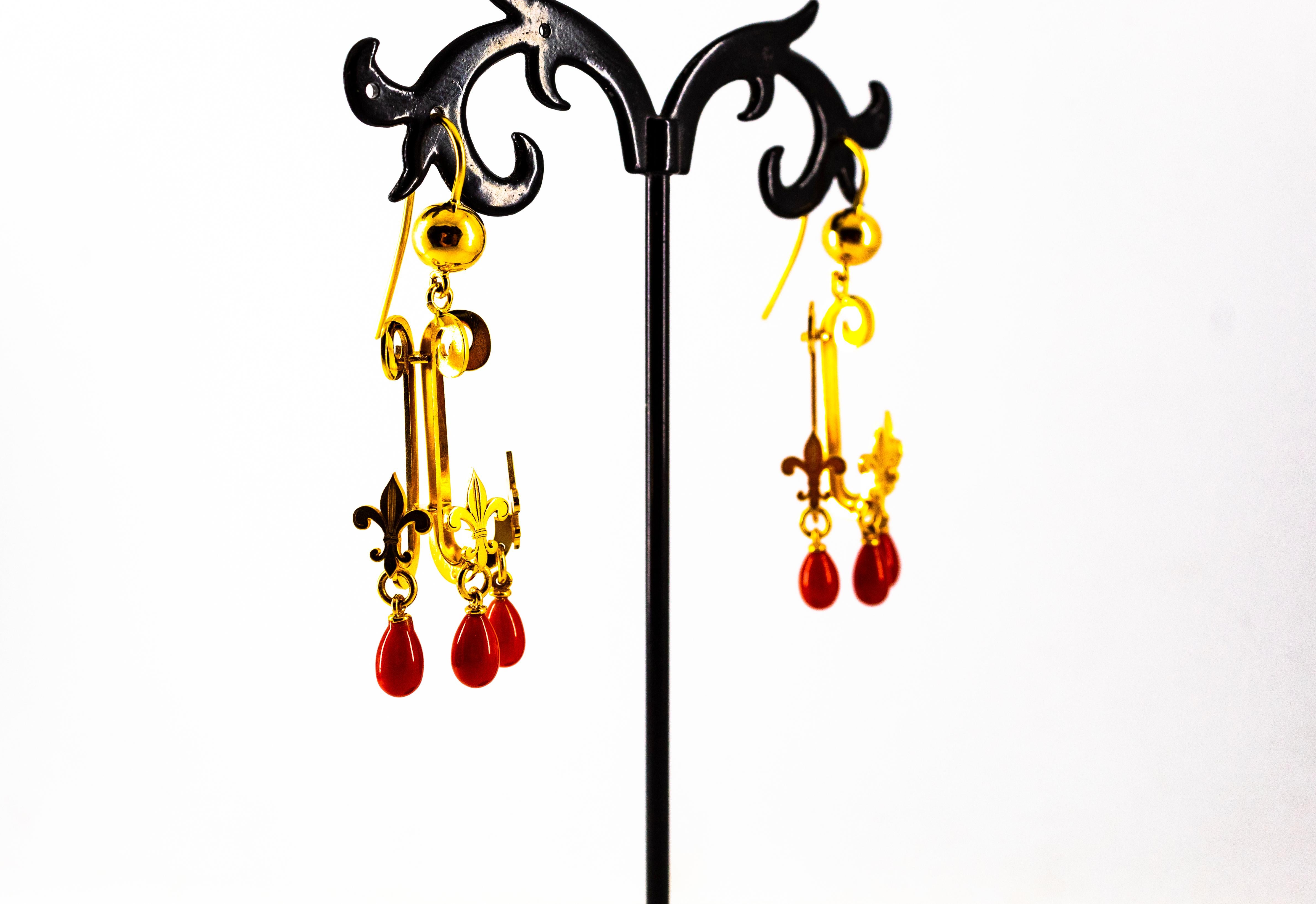 Renaissance Mediterranean Red Coral Yellow Gold Stud Chandelier Drop Earrings 3