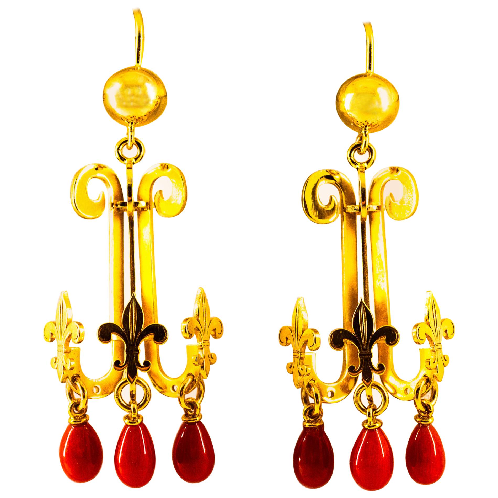 Renaissance Mediterranean Red Coral Yellow Gold Stud Chandelier Drop Earrings