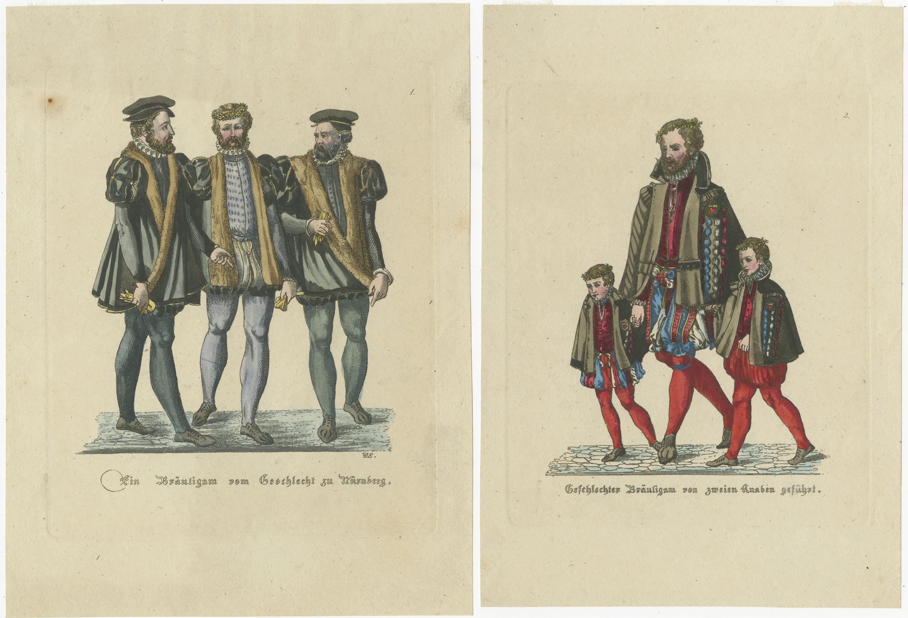 Mid-19th Century Renaissance Nobility: Württemberg and Mainz Engraved and Handcolored, circa 1850 For Sale