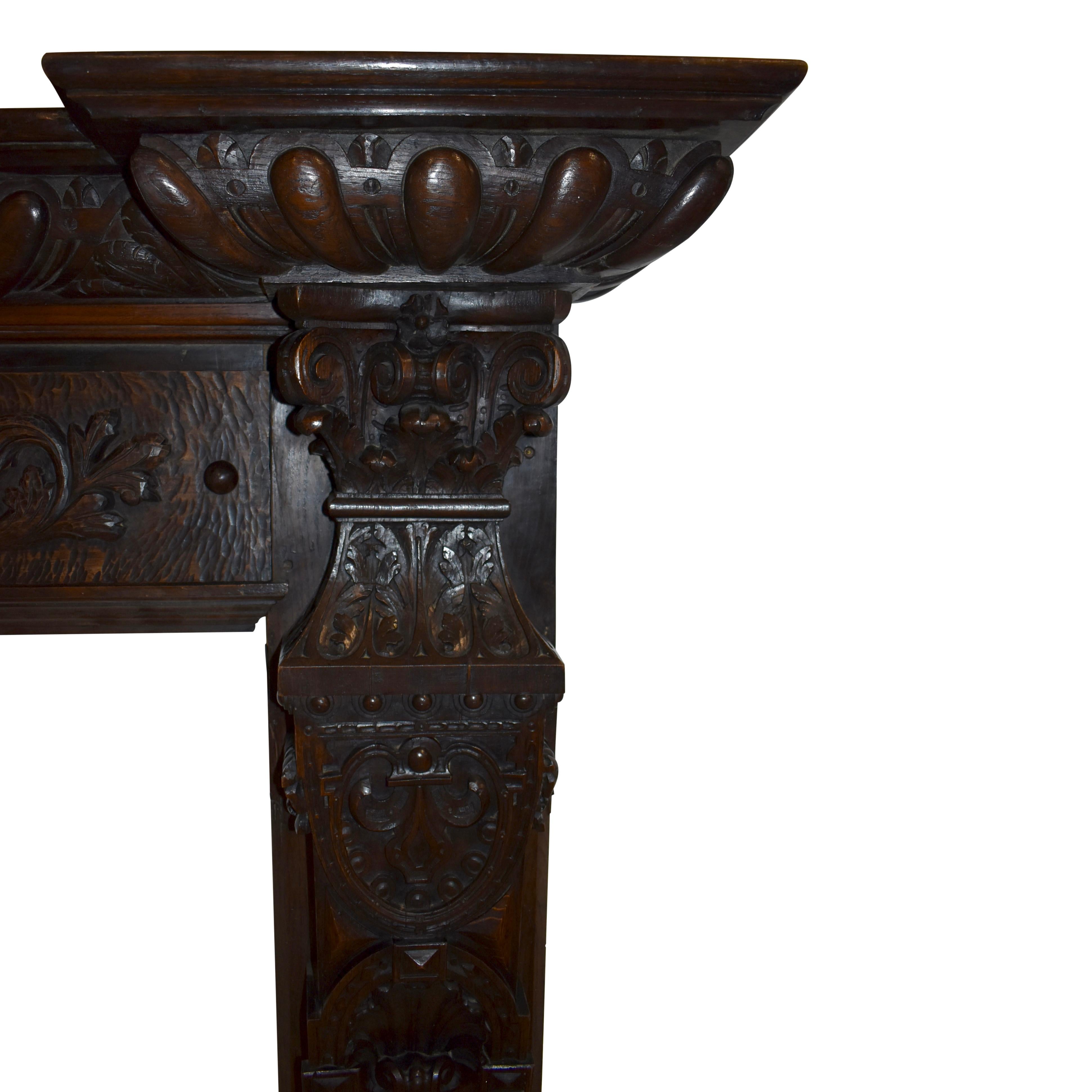 Carved Renaissance Oak Fireplace Surround and Mantel, circa 1880 For Sale